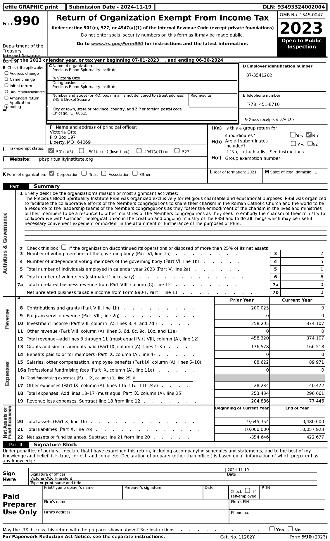 Image of first page of 2023 Form 990 for Precious Blood Spirituality Institute