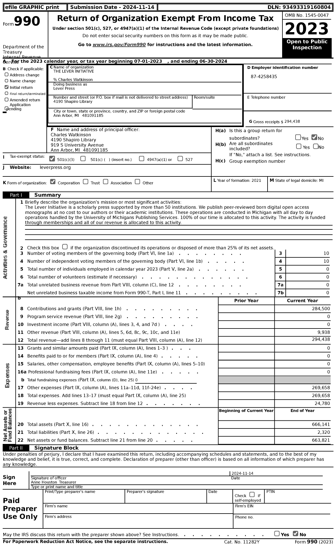 Image of first page of 2023 Form 990 for Lever Press