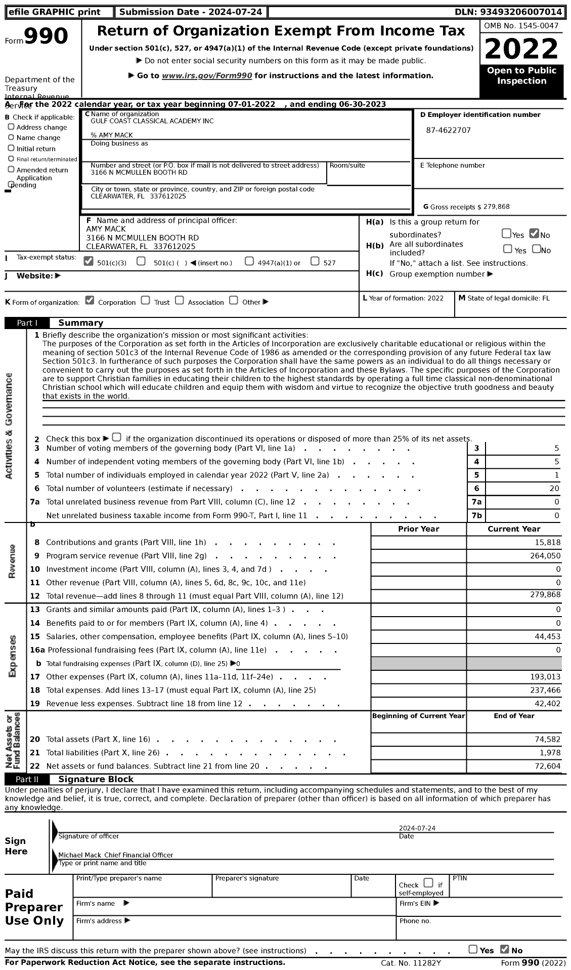 Image of first page of 2022 Form 990 for Gulf Coast Classical Academy