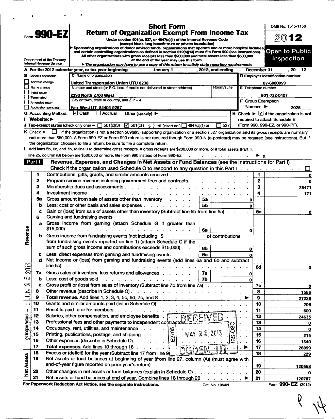 Image of first page of 2012 Form 990EO for Smart Union - 238 TD