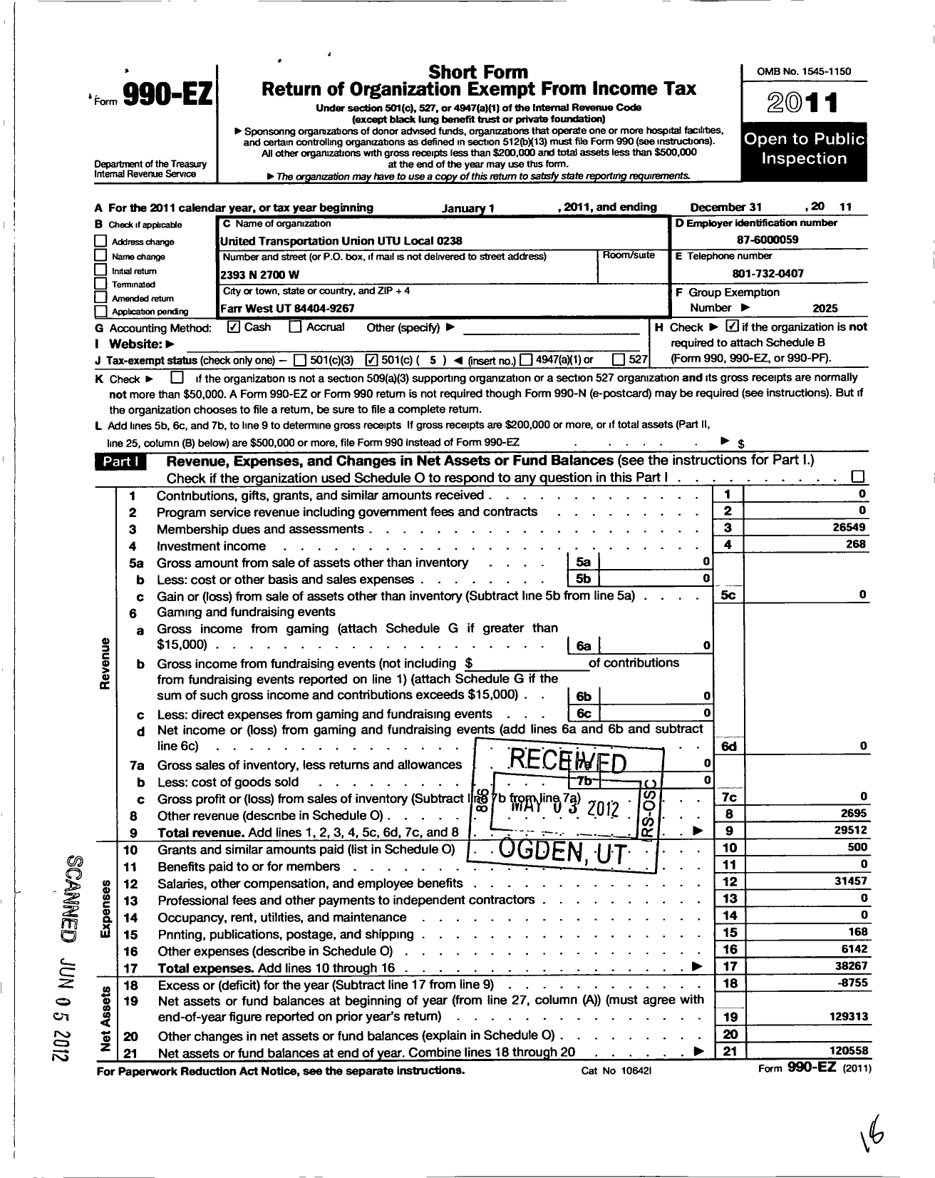 Image of first page of 2011 Form 990EO for Smart Union - 238 TD