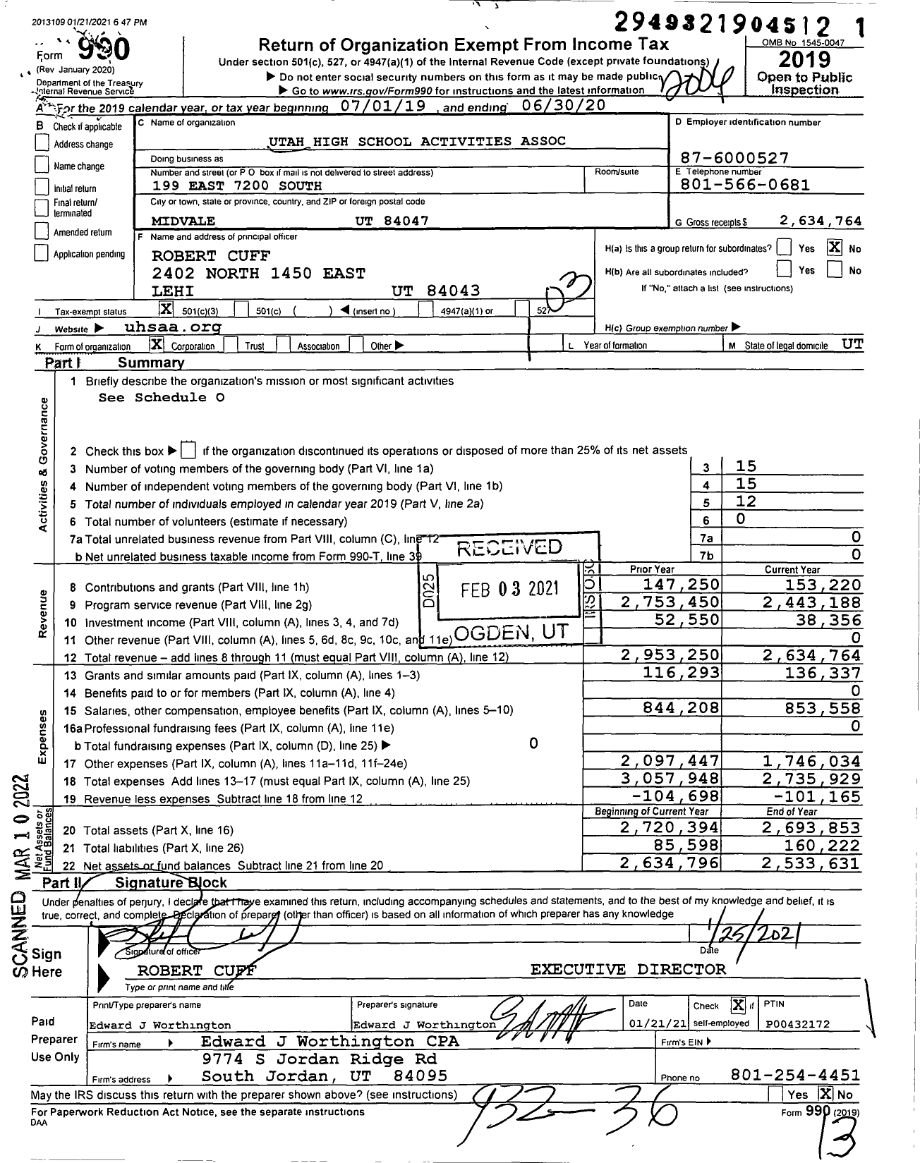 Image of first page of 2019 Form 990 for Utah High School Activities Association (UHSAA)