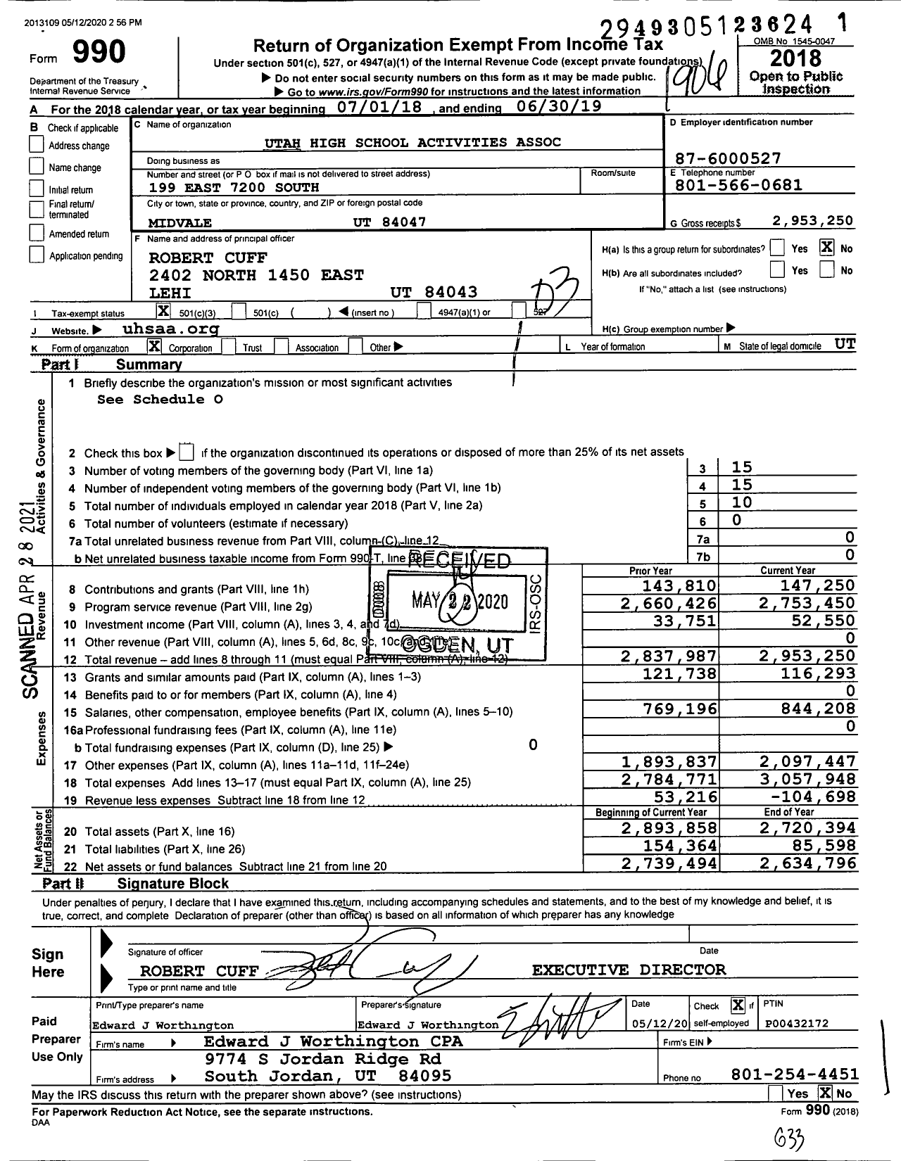 Image of first page of 2018 Form 990 for Utah High School Activities Association (UHSAA)