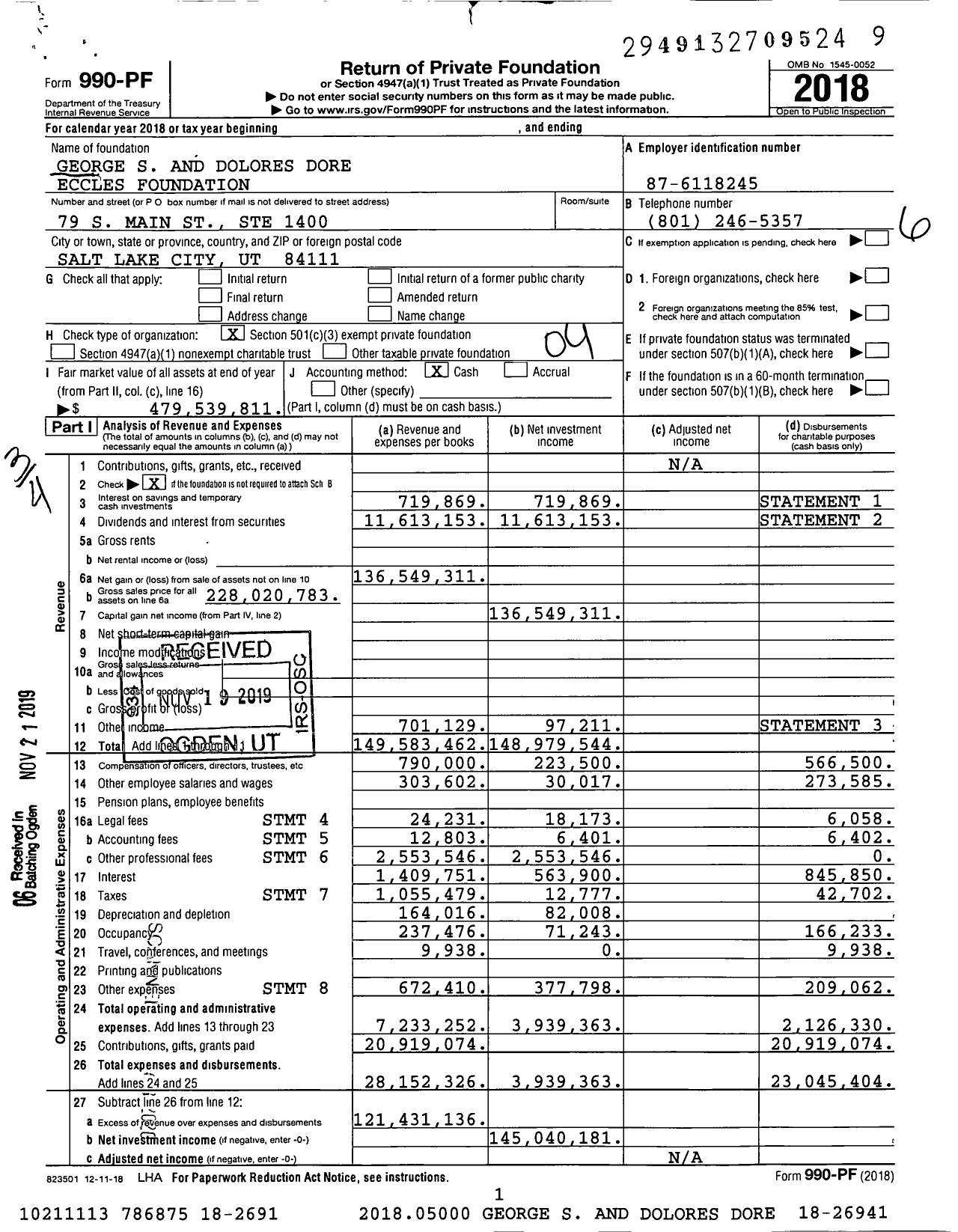 Image of first page of 2018 Form 990PF for George S. and Dolores Dore Eccles Foundation