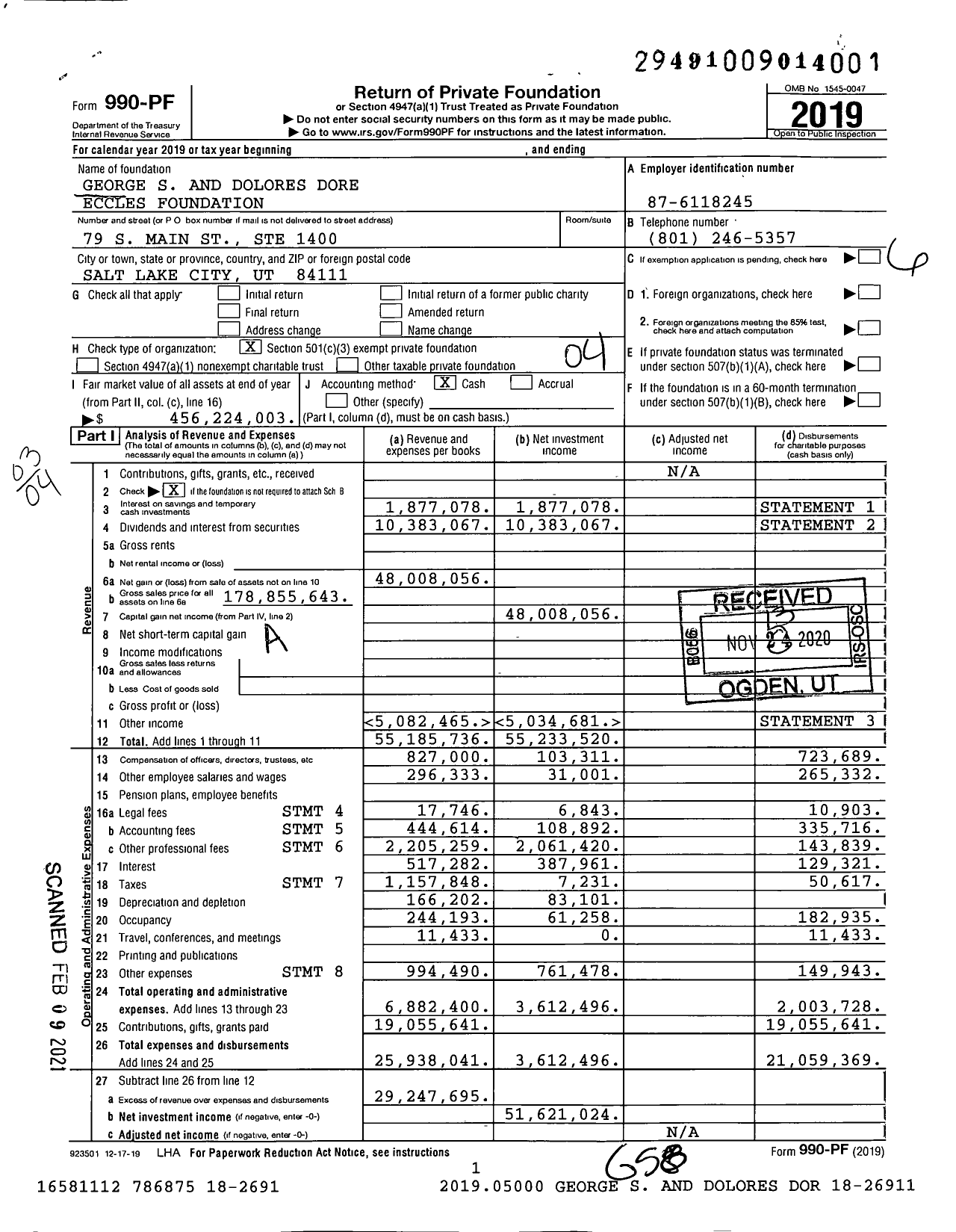 Image of first page of 2019 Form 990PF for George S. and Dolores Dore Eccles Foundation