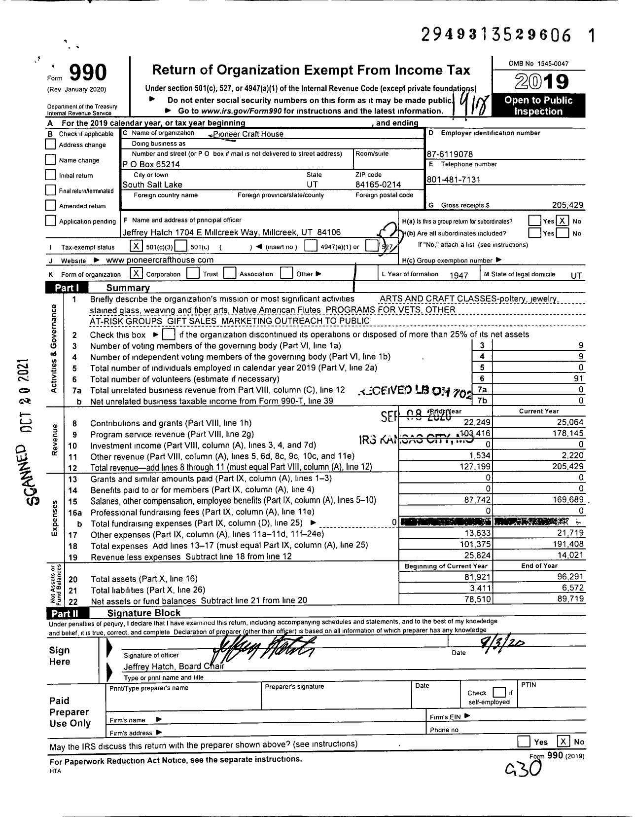 Image of first page of 2019 Form 990 for Pioneer Craft House