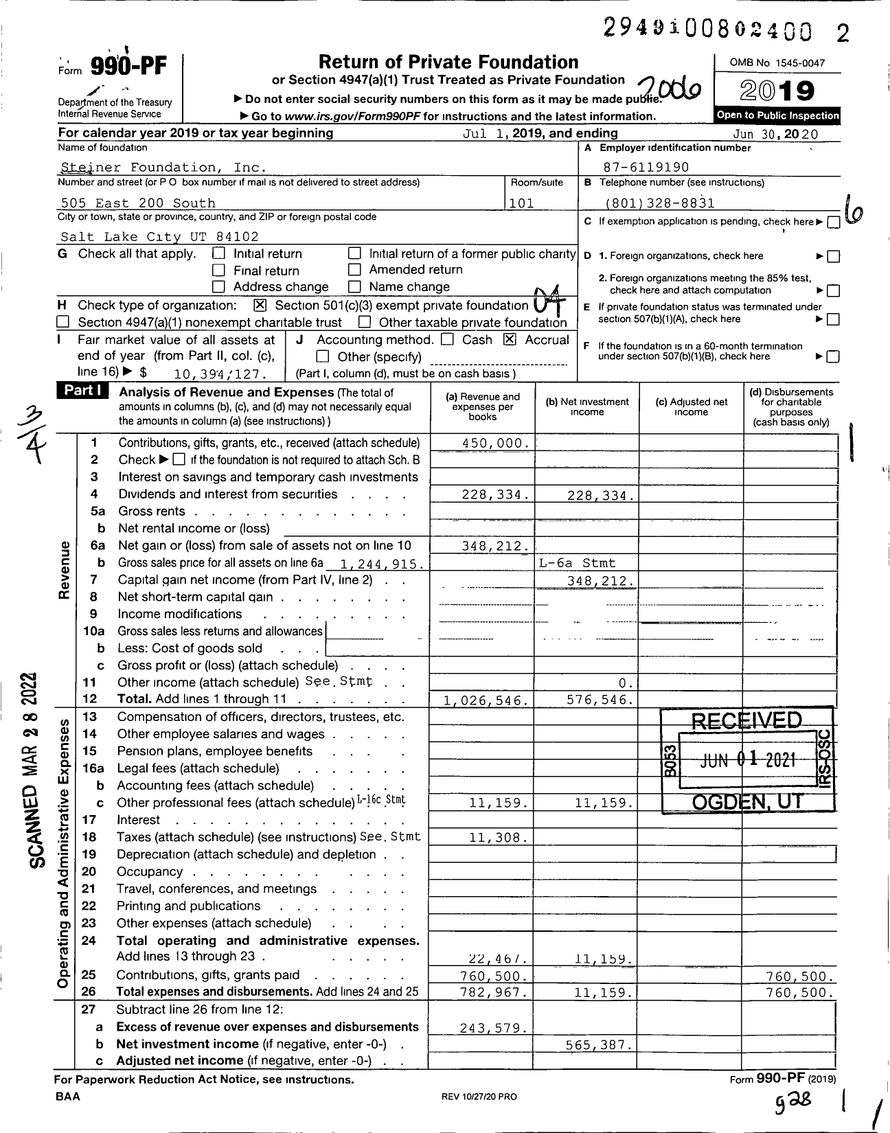 Image of first page of 2019 Form 990PF for Steiner Foundation