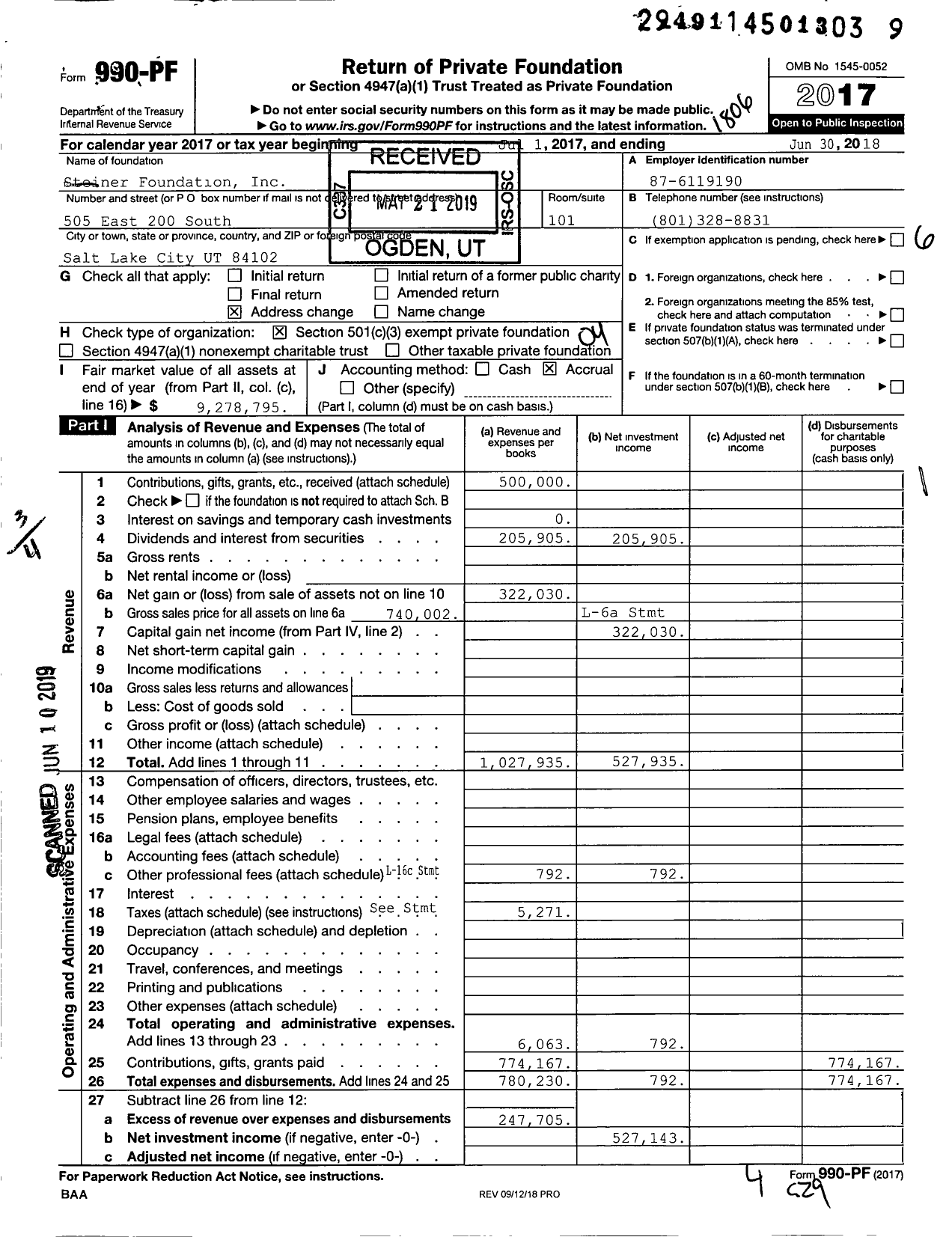 Image of first page of 2017 Form 990PF for Steiner Foundation