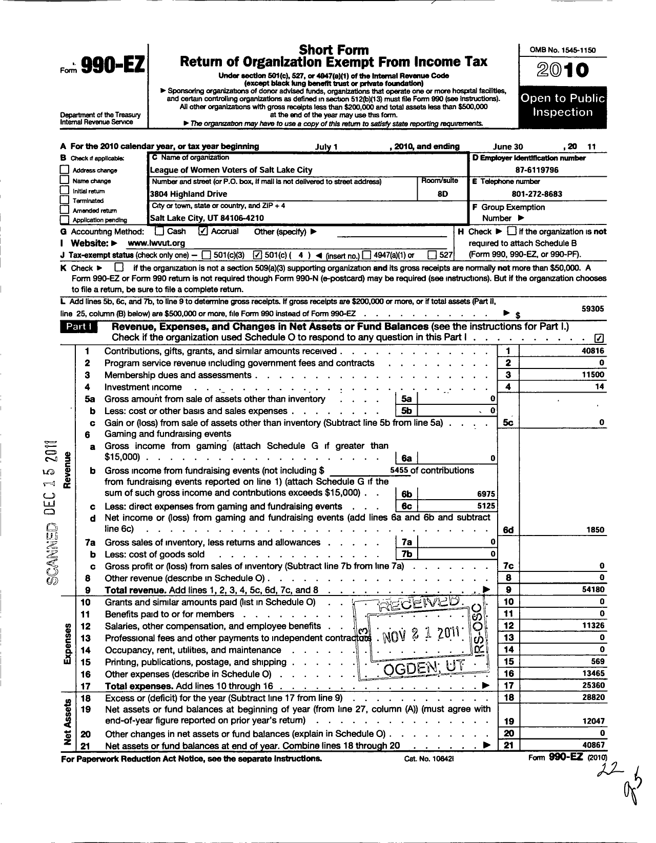 Image of first page of 2010 Form 990EO for League of Women Voters of Salt Lake City