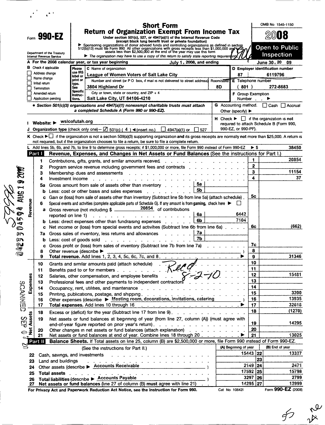 Image of first page of 2008 Form 990EO for League of Women Voters of Salt Lake City