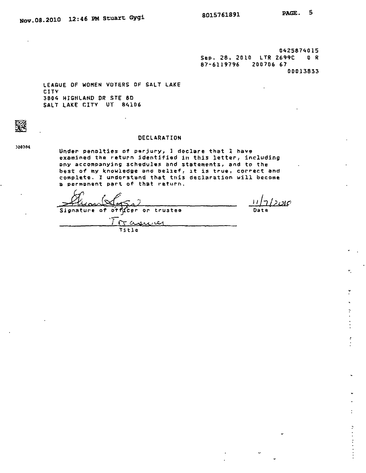 Image of first page of 2006 Form 990EOR for League of Women Voters of Salt Lake City