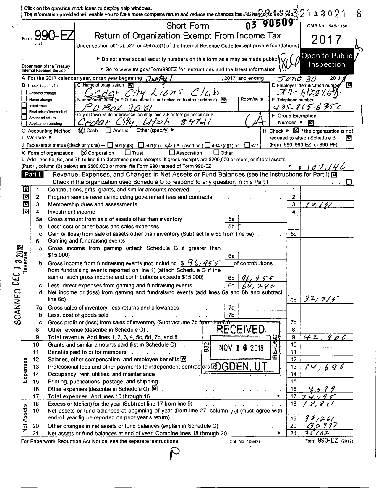 Image of first page of 2017 Form 990EO for Lions Clubs - 10847 Cedar City