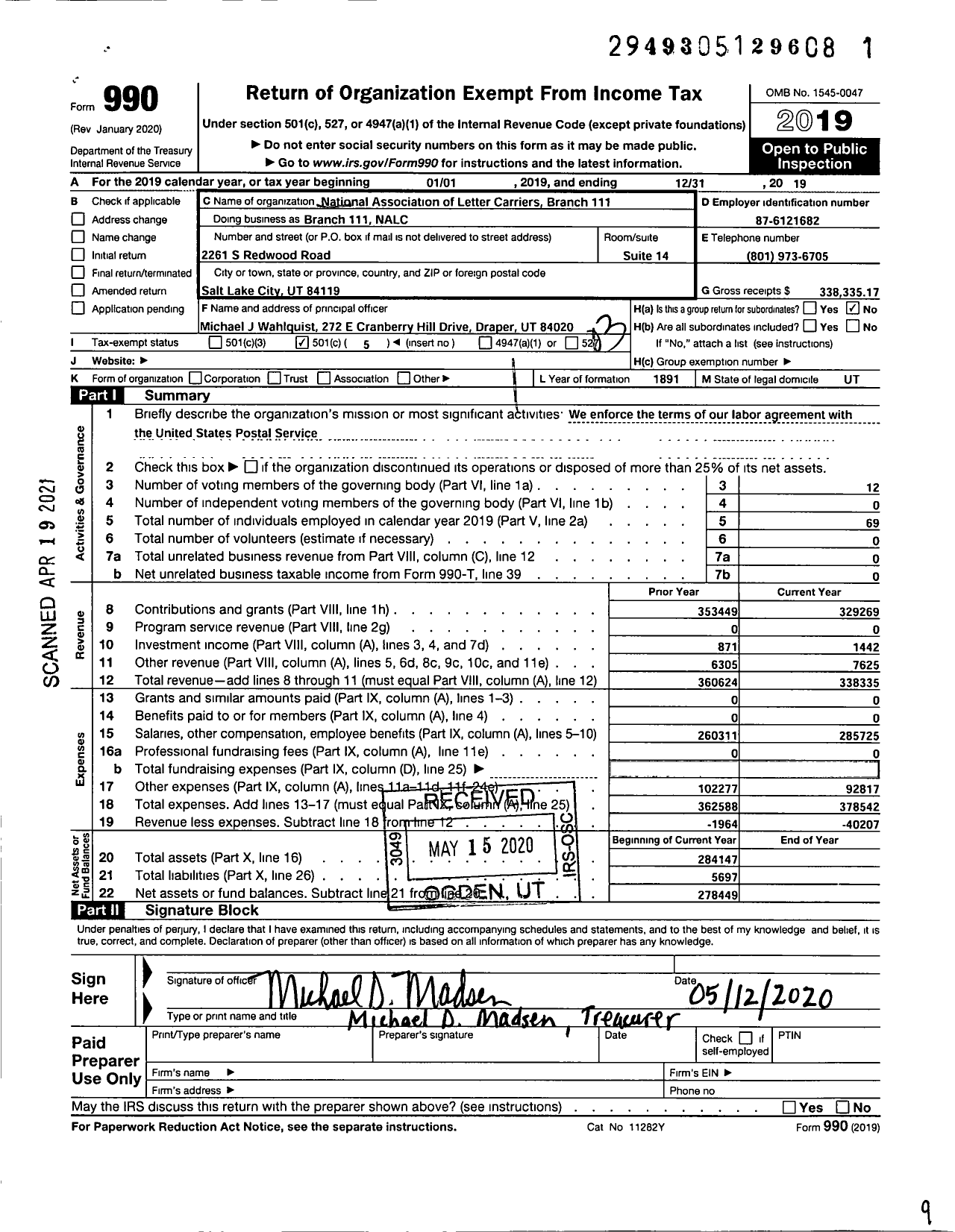 Image of first page of 2019 Form 990 for National Association of Letter Carriers - 111 Salt Lake City Utah