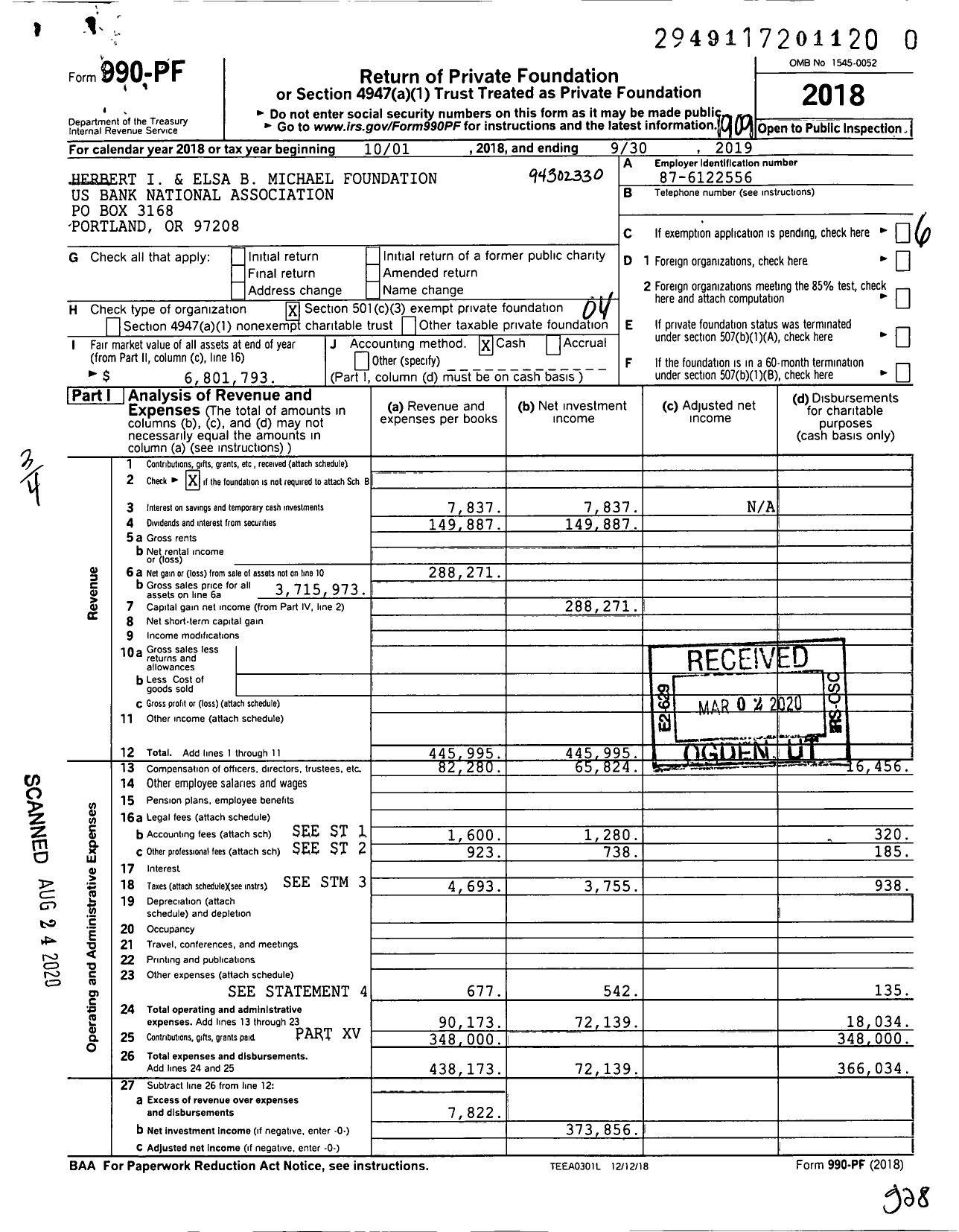 Image of first page of 2018 Form 990PR for Herbert I and Elsa B Michael Foundation Us Bank National Association