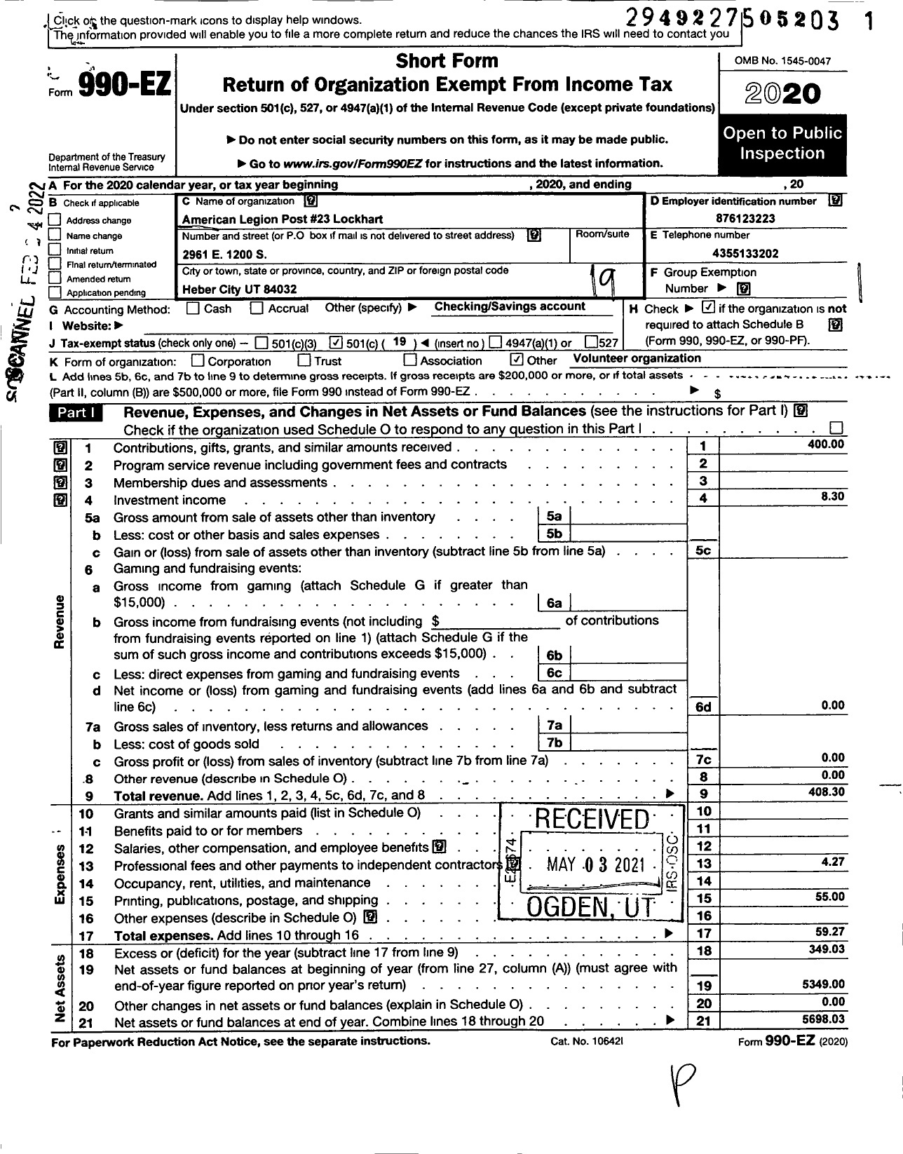 Image of first page of 2020 Form 990EO for American Legion - 23 Lockhart