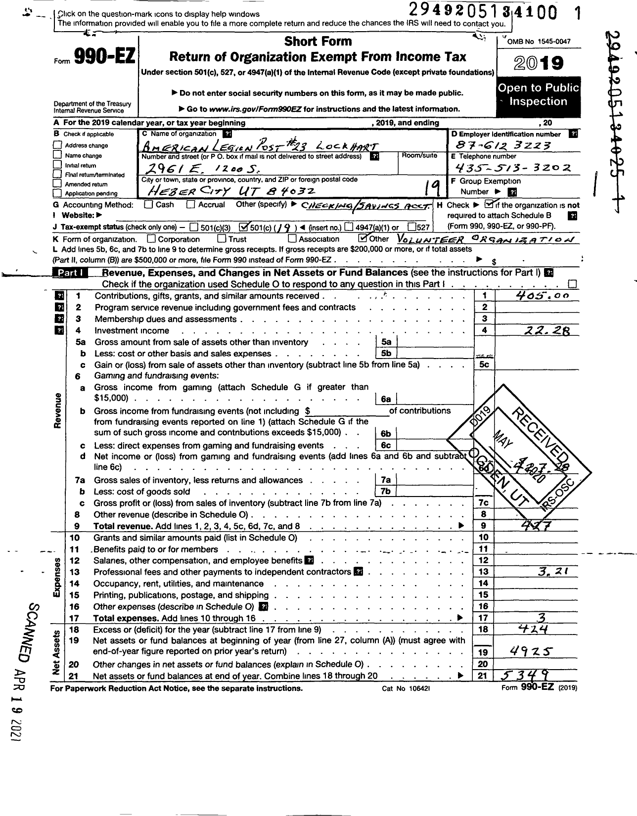 Image of first page of 2019 Form 990EO for American Legion - 23 Lockhart