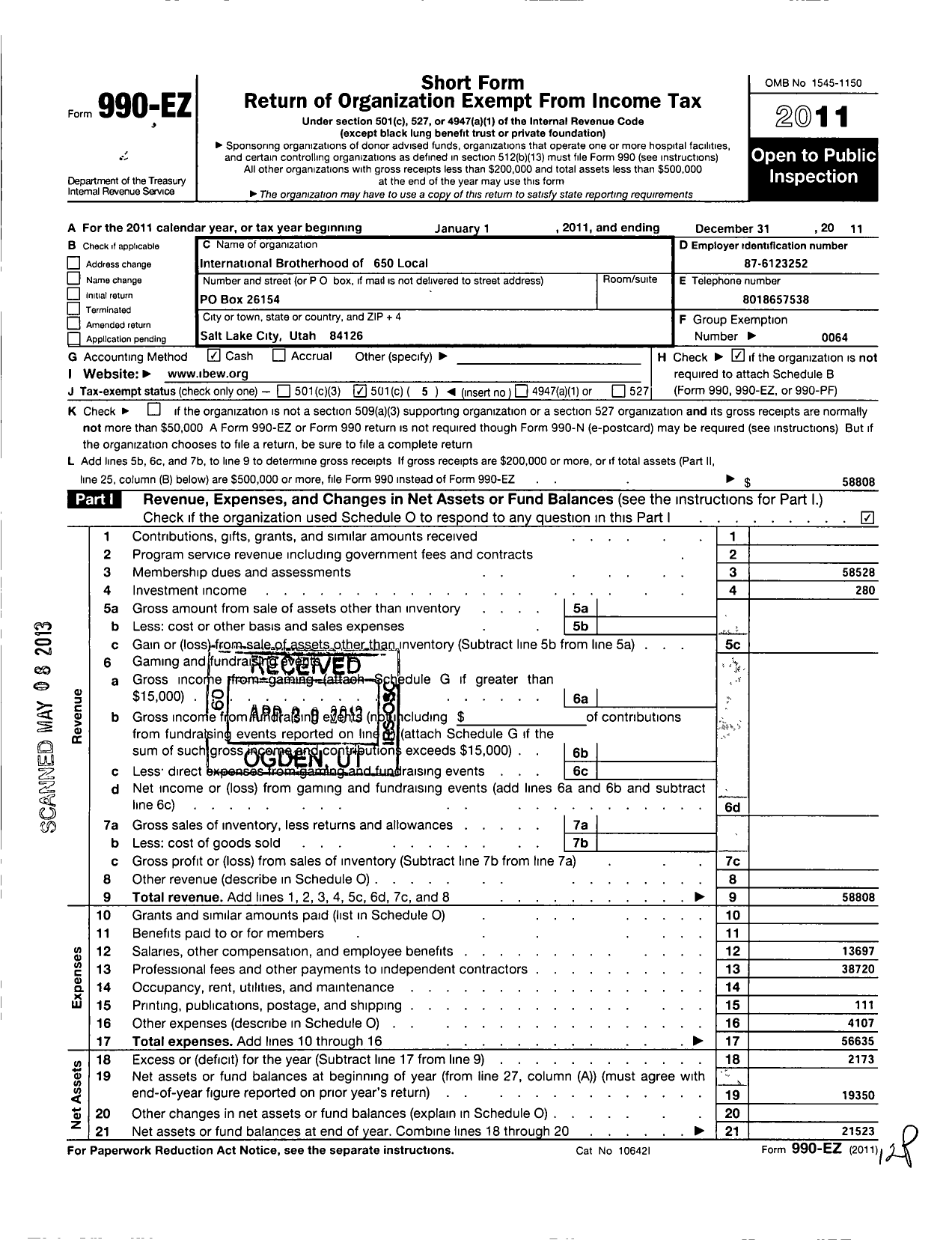 Image of first page of 2011 Form 990EO for International Brotherhood of Electrical Workers - 650 Local Union