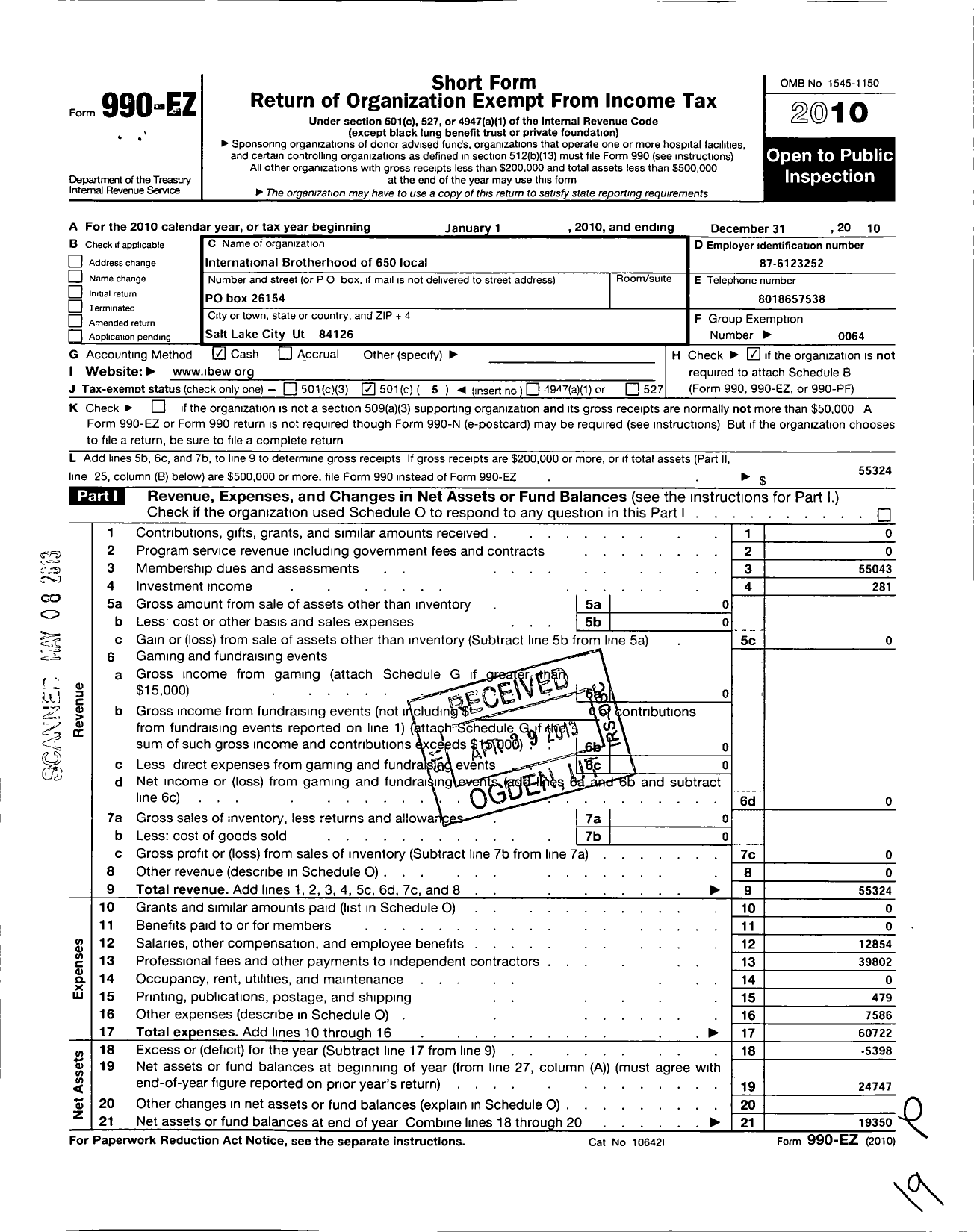 Image of first page of 2010 Form 990EO for International Brotherhood of Electrical Workers - 650 Local Union