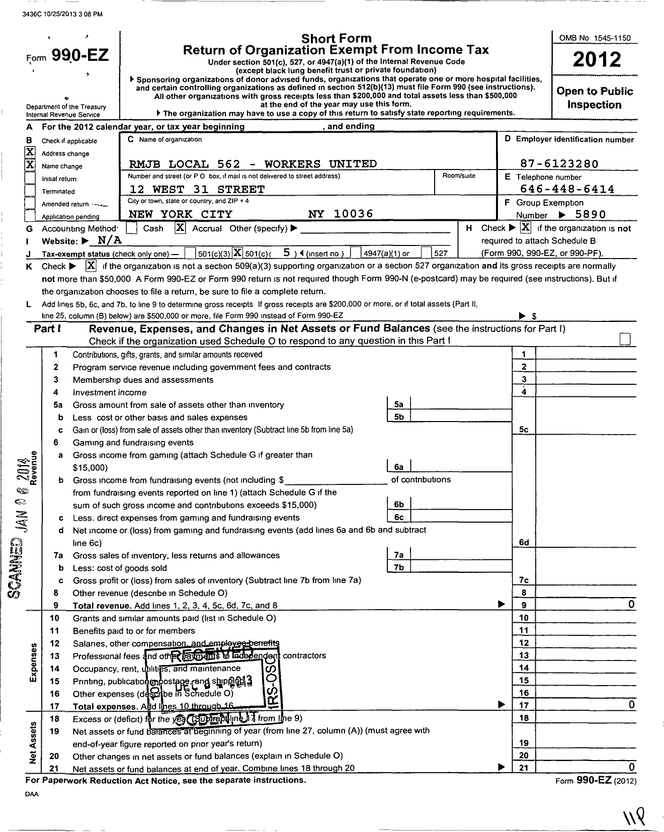 Image of first page of 2012 Form 990EO for Workers United - 562 Local