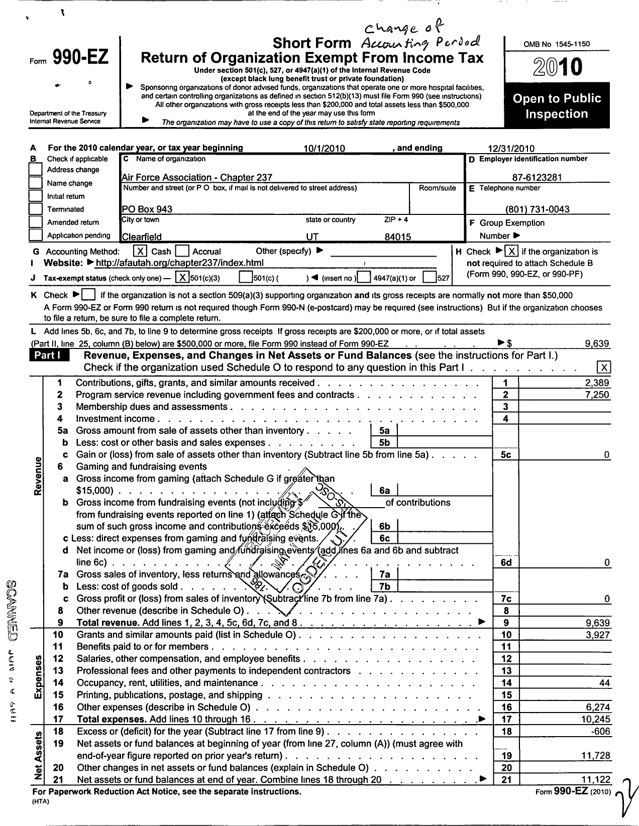 Image of first page of 2010 Form 990EZ for Air Force Association - 237 Af Ute-Rocky Mountain Chapter