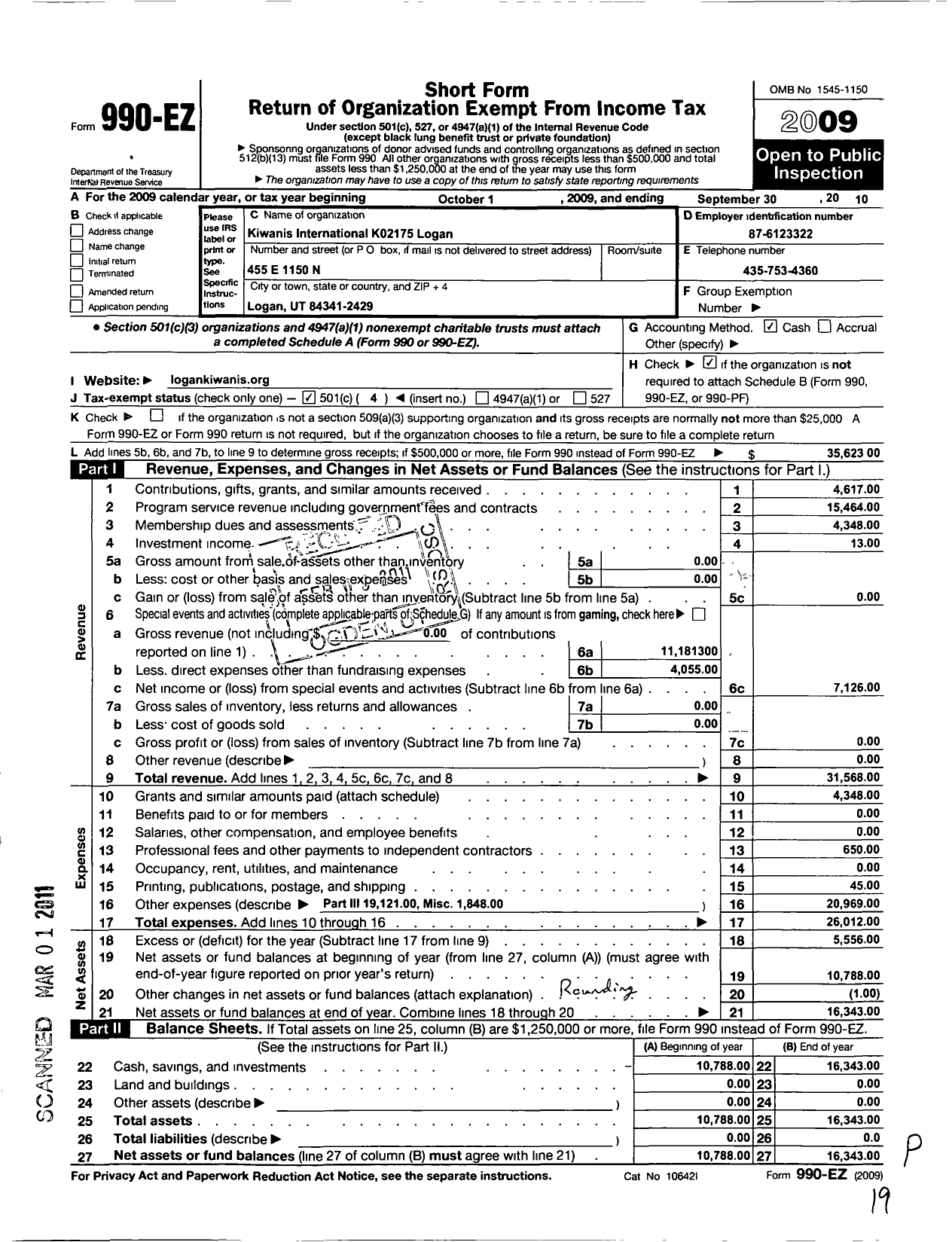 Image of first page of 2009 Form 990EO for Kiwanis International - K02175 Logan