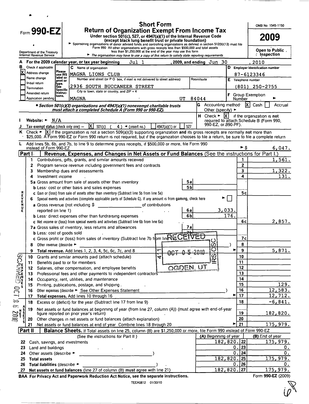 Image of first page of 2009 Form 990EO for Lions Clubs - 10792 Magna