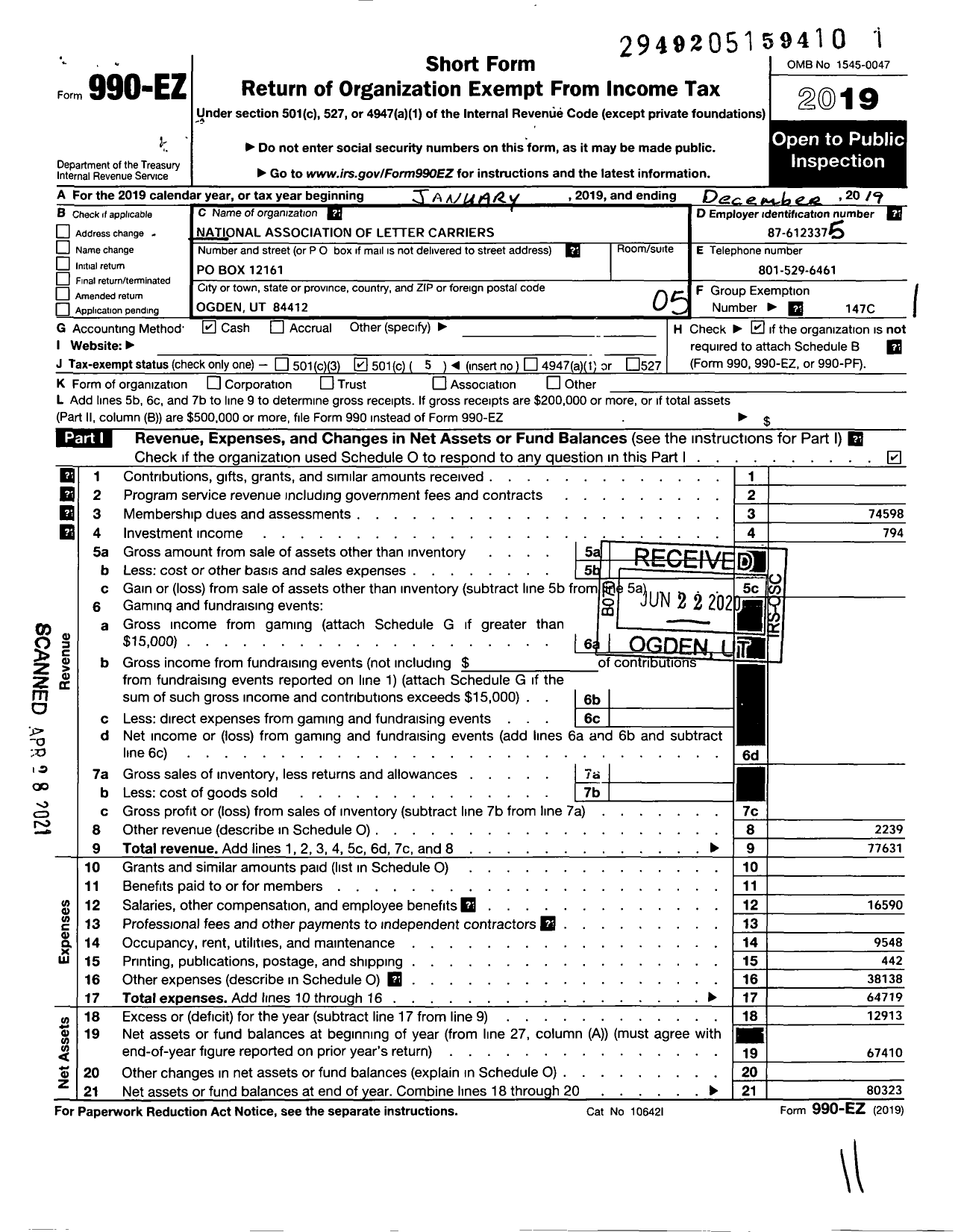 Image of first page of 2019 Form 990EO for NATIONAL ASSOCIATION OF LETTER CARRIERS - 68 Ogden Utah