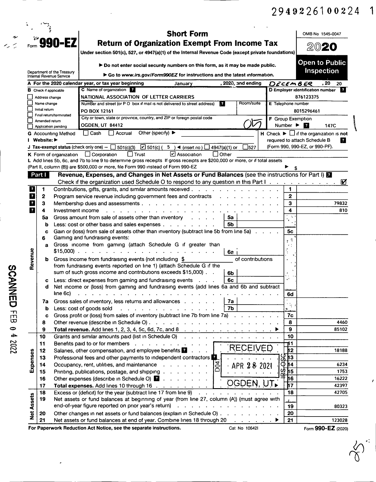 Image of first page of 2020 Form 990EO for NATIONAL ASSOCIATION OF LETTER CARRIERS - 68 Ogden Utah