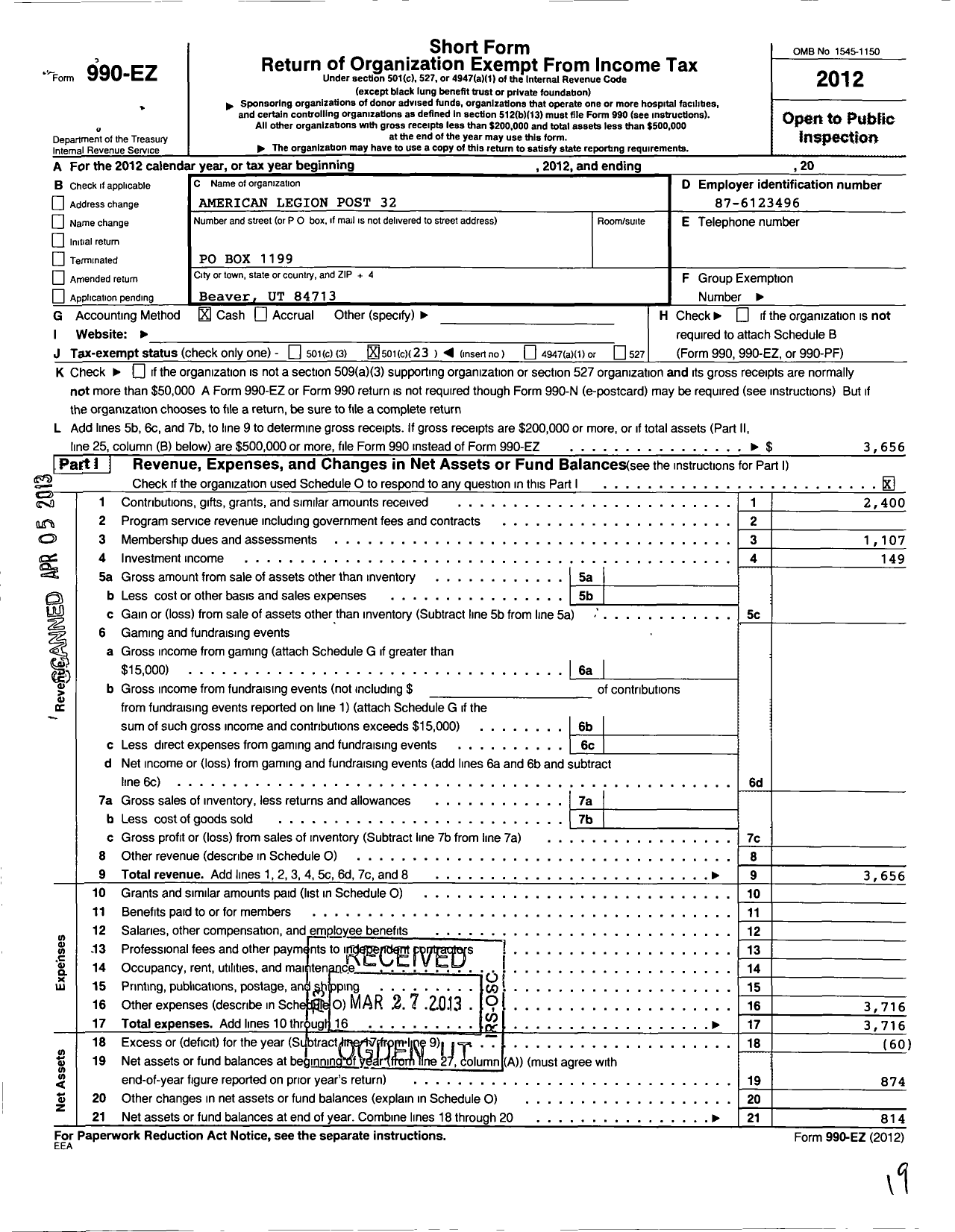 Image of first page of 2012 Form 990EO for American Legion - 32 Beaver Post