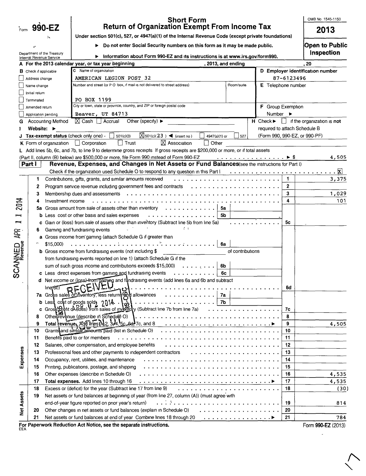 Image of first page of 2013 Form 990EO for American Legion - 32 Beaver Post