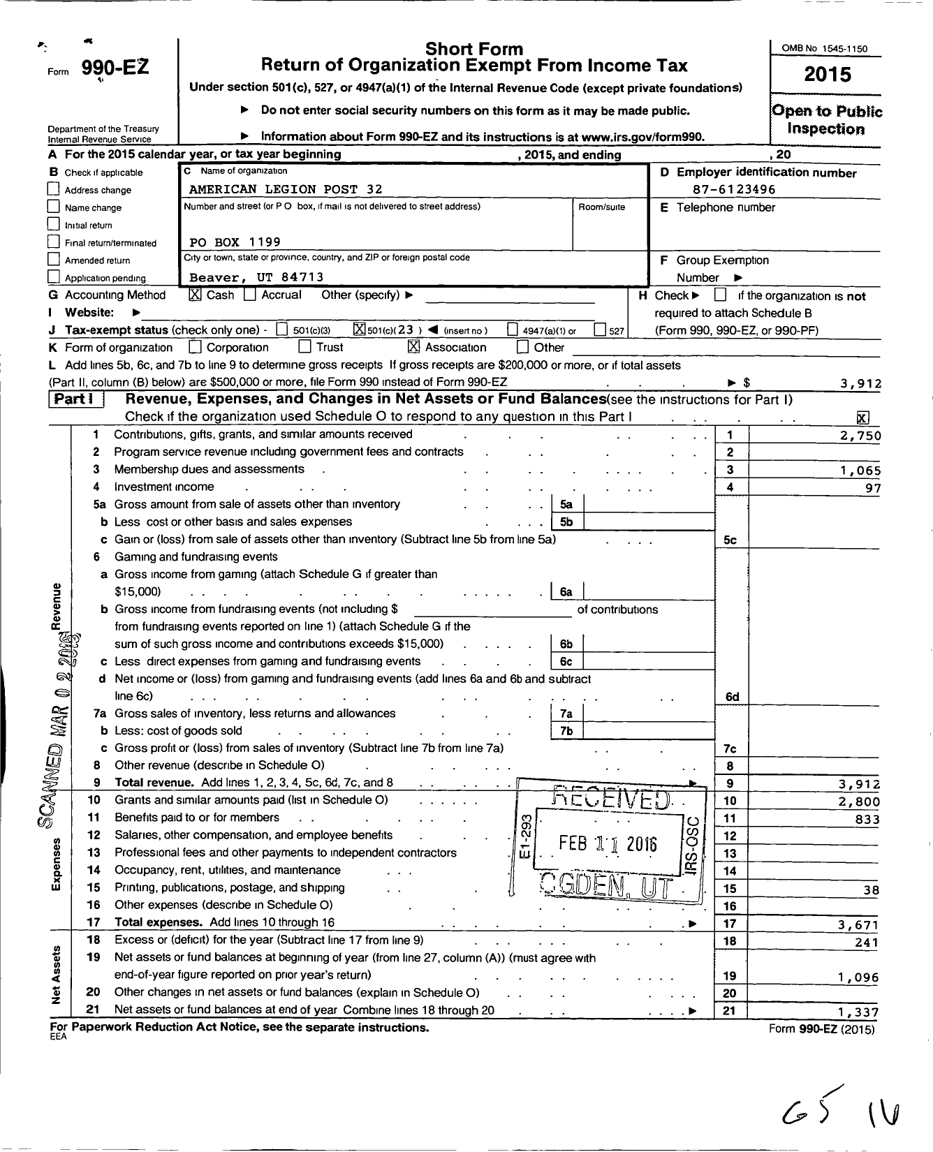 Image of first page of 2015 Form 990EO for American Legion - 32 Beaver Post