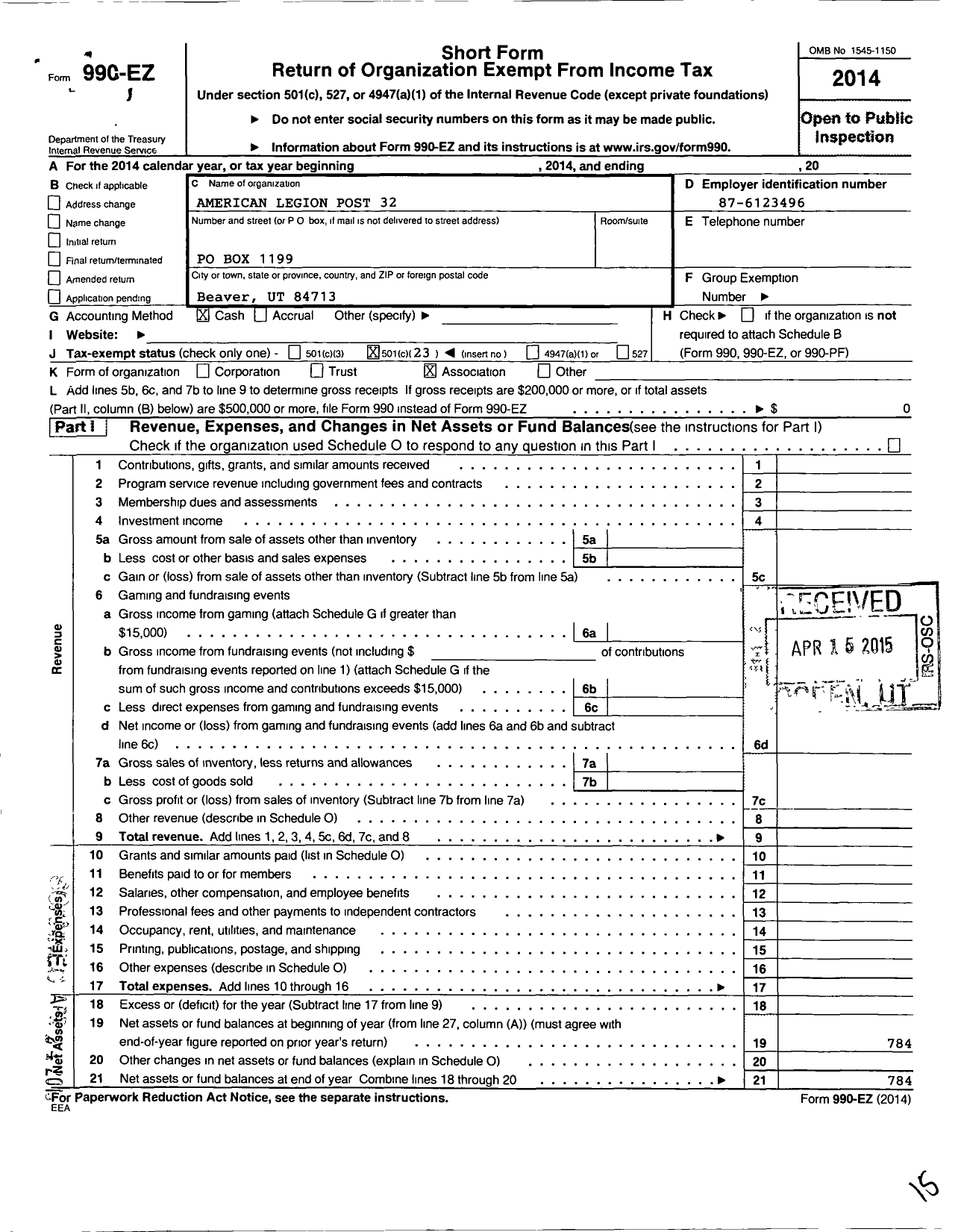 Image of first page of 2014 Form 990EO for American Legion - 32 Beaver Post