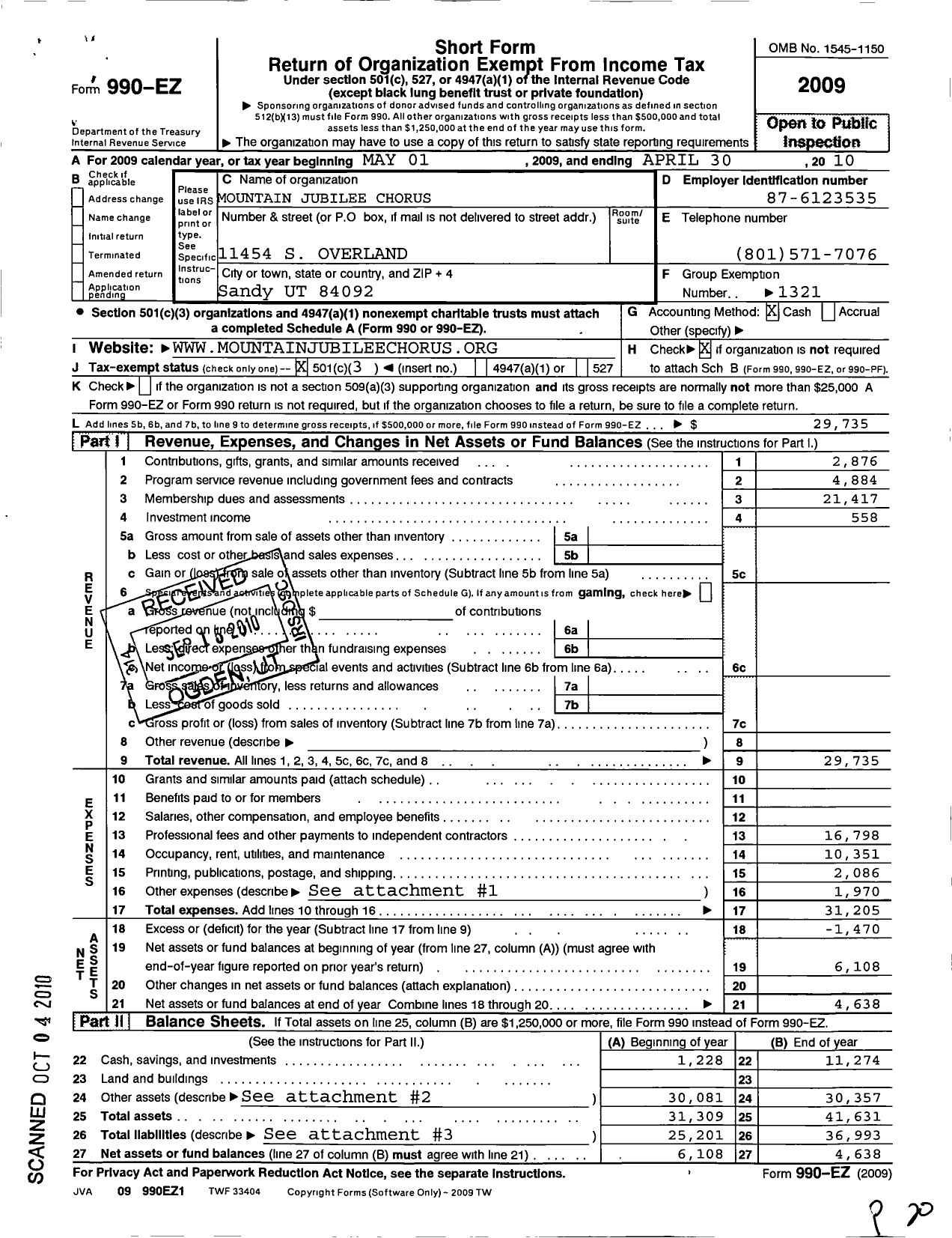 Image of first page of 2009 Form 990EZ for Sweet Adelines International - Mountain Jubilee