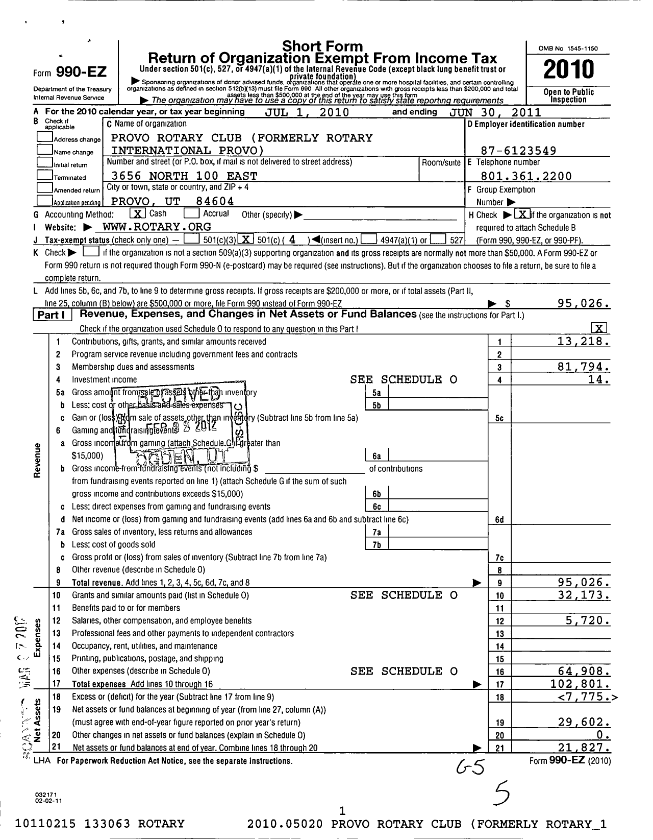 Image of first page of 2010 Form 990EO for Rotary International - Provo Rotary Club