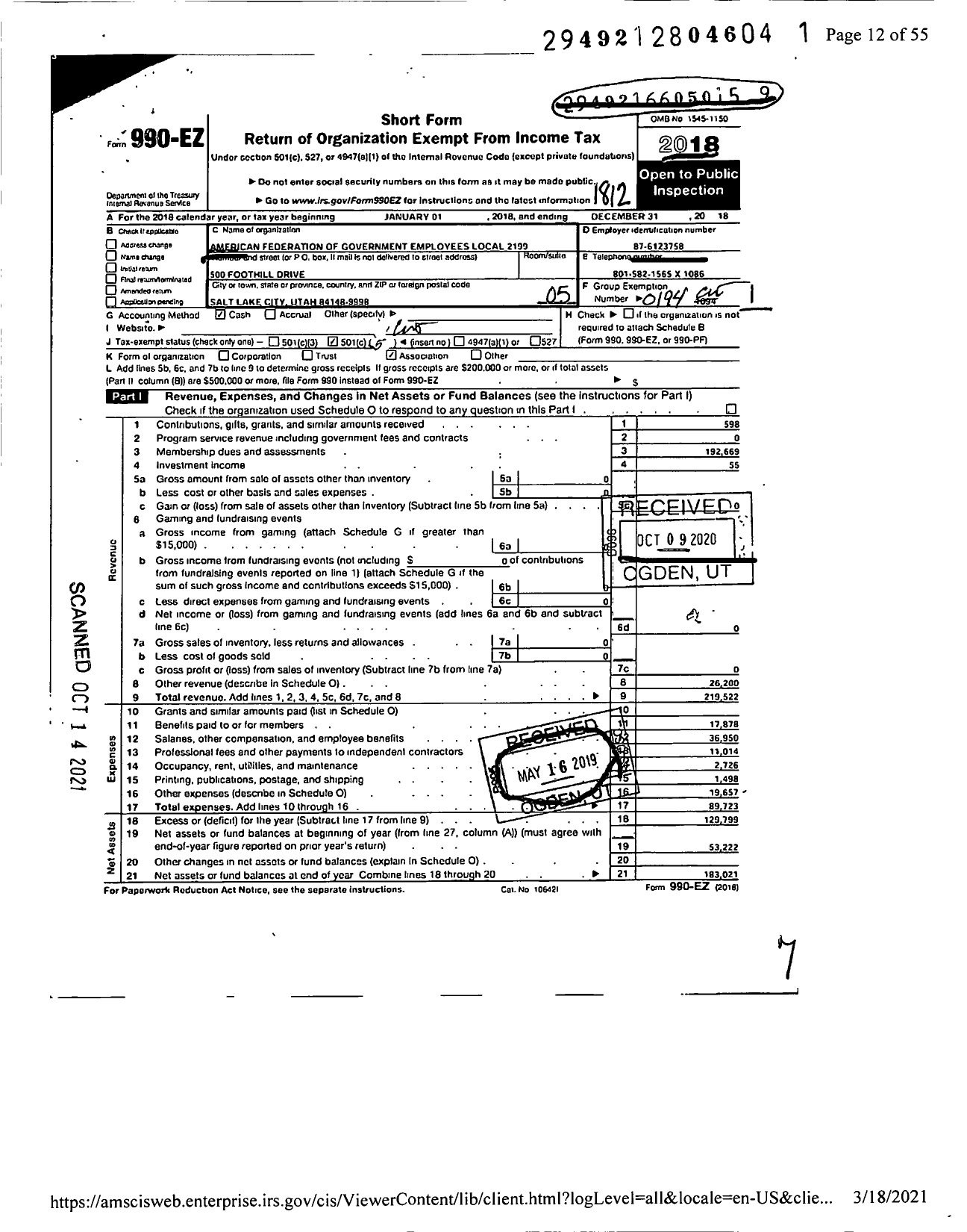 Image of first page of 2018 Form 990EO for American Federation of Government Employees - American Federation of Government Employees Local 2199