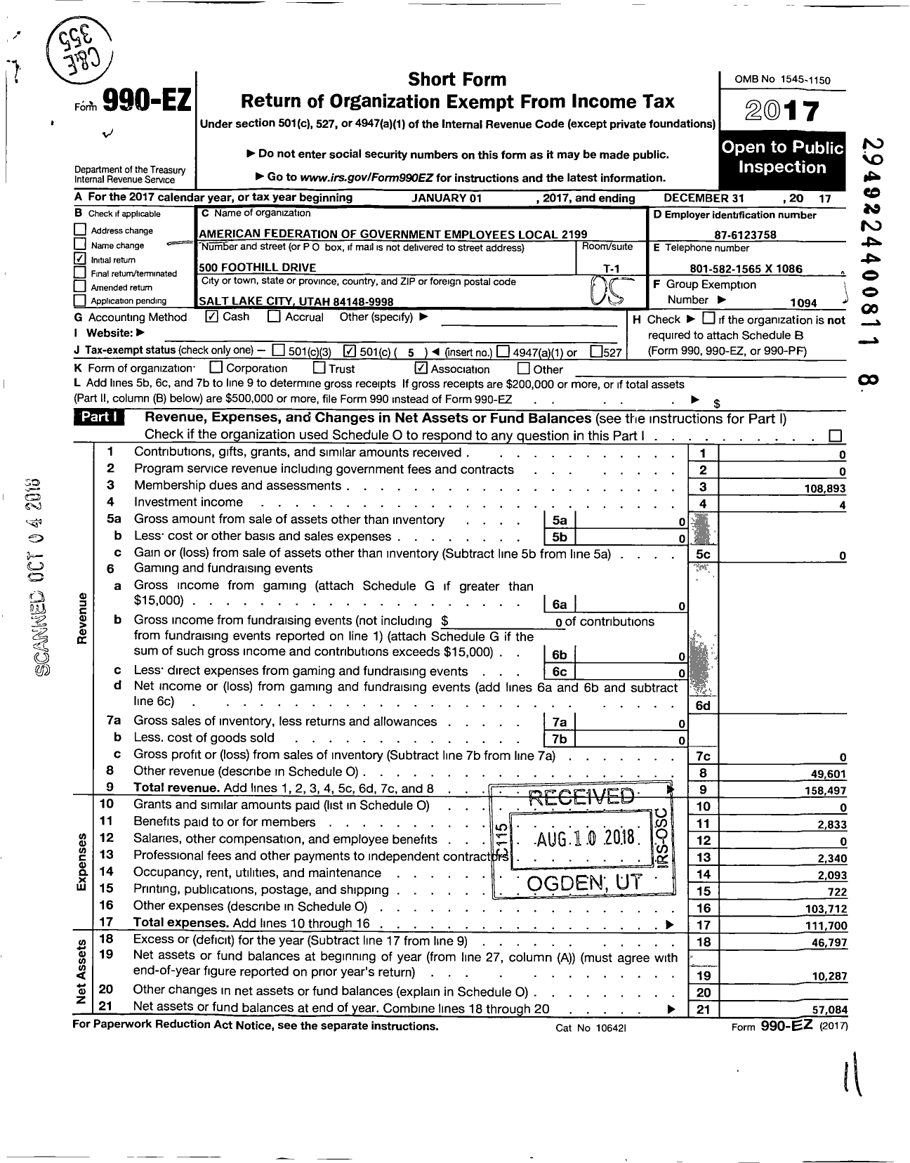 Image of first page of 2017 Form 990EO for American Federation of Government Employees - American Federation of Government Employees Local 2199