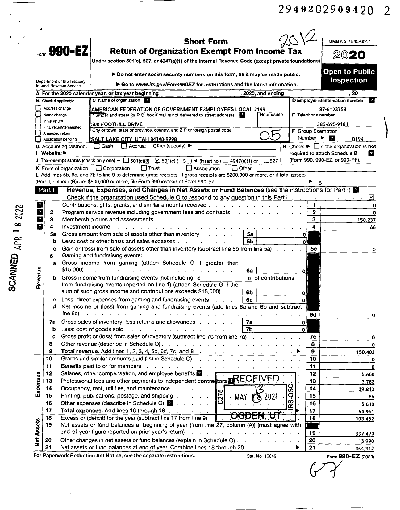 Image of first page of 2020 Form 990EO for American Federation of Government Employees - American Federation of Government Employees Local 2199