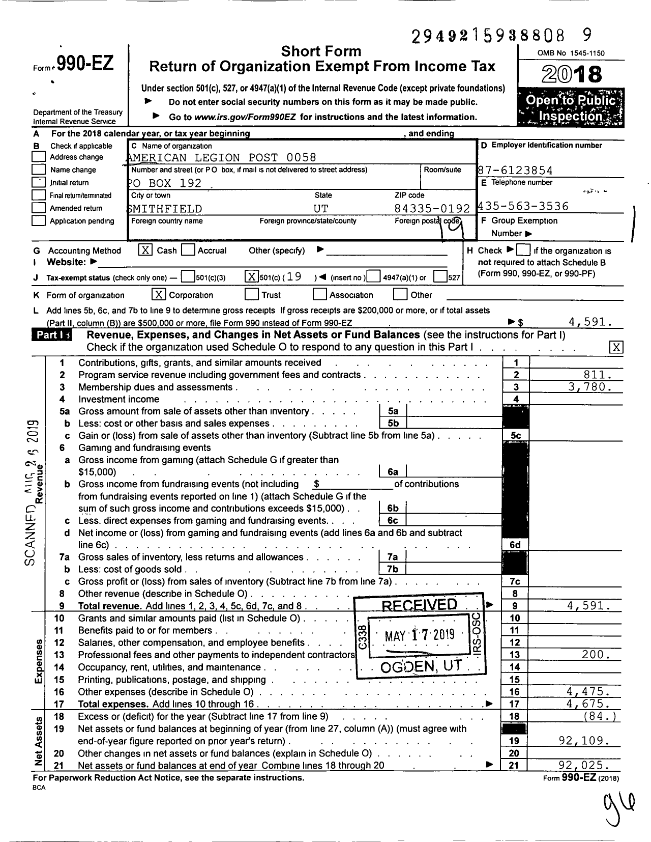 Image of first page of 2018 Form 990EO for American Legion Post 0058