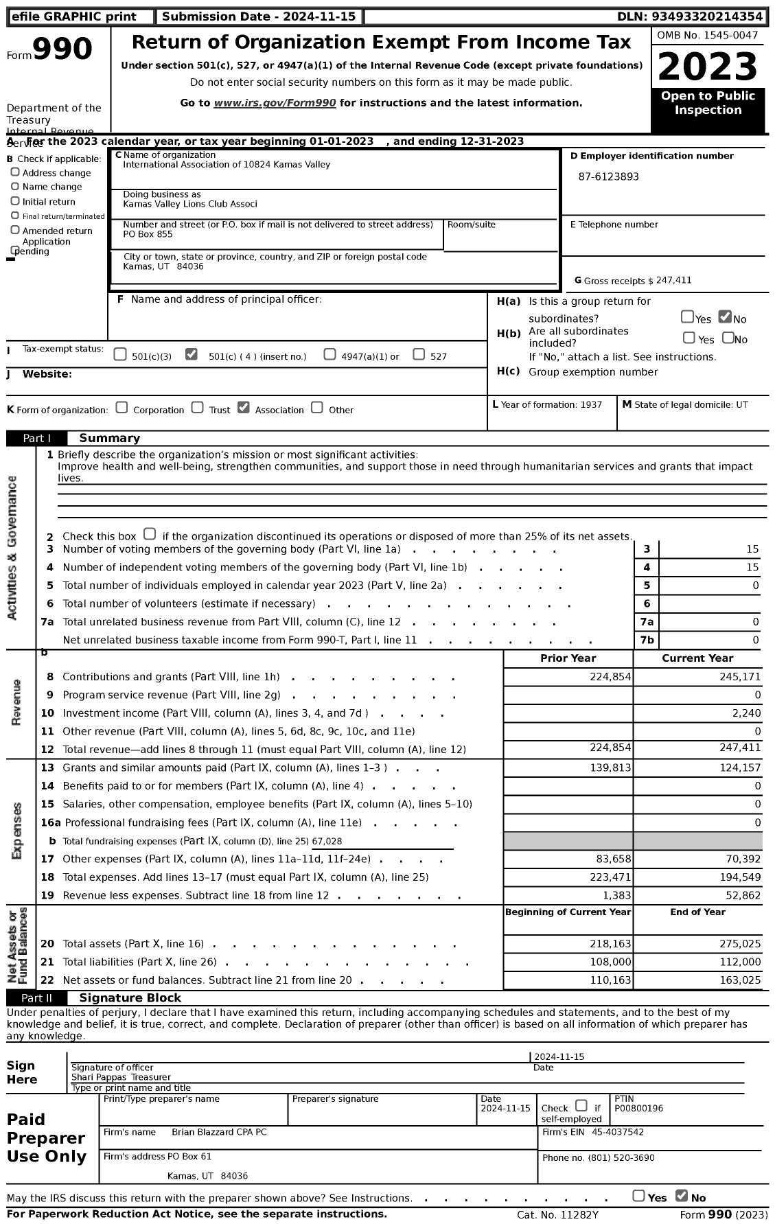 Image of first page of 2023 Form 990 for Lions Clubs - Kamas Valley Lions Club Associ