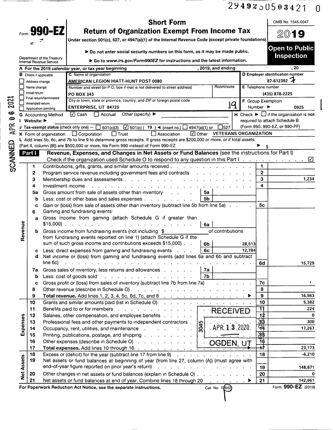 Image of first page of 2019 Form 990EO for American Legion - 80 Hiatt Hunt Post