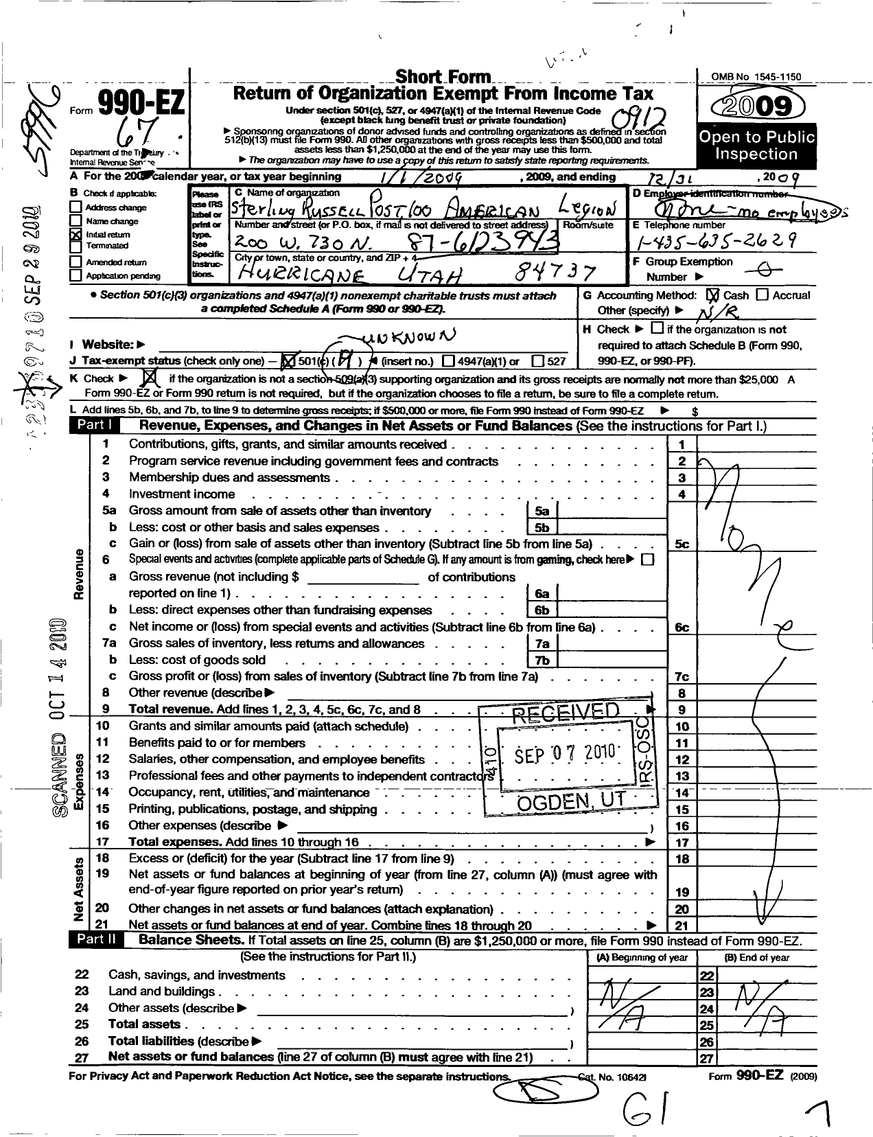 Image of first page of 2009 Form 990EO for American Legion Sterling Russell Post 100