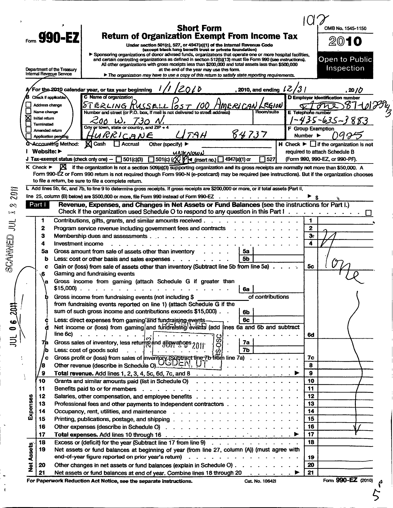 Image of first page of 2010 Form 990EO for American Legion Sterling Russell Post 100