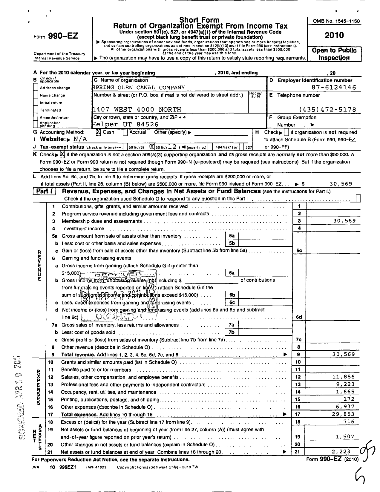 Image of first page of 2010 Form 990EO for Spring Glen Canal Company