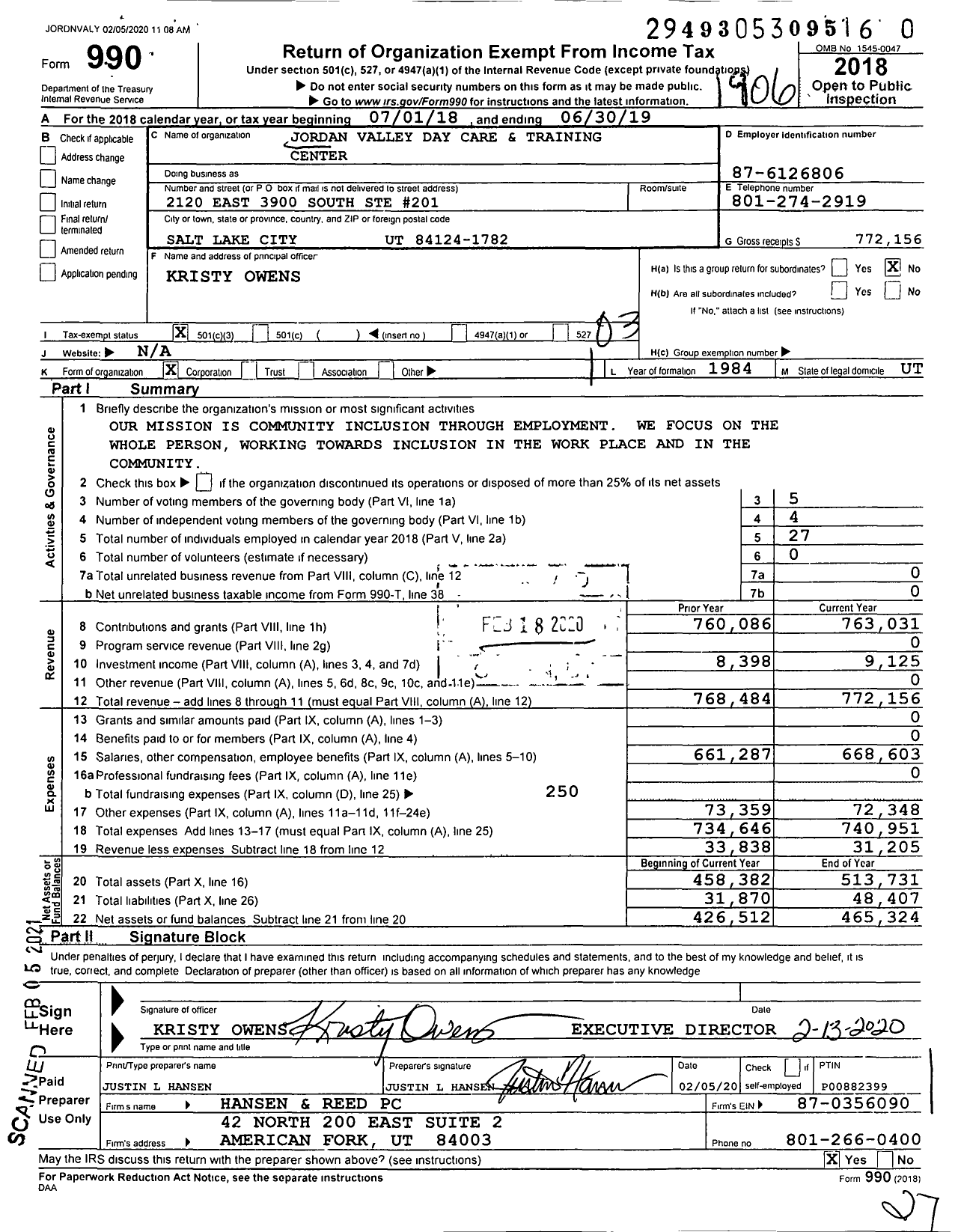 Image of first page of 2018 Form 990 for Jordan Valley Day Care and Training Center