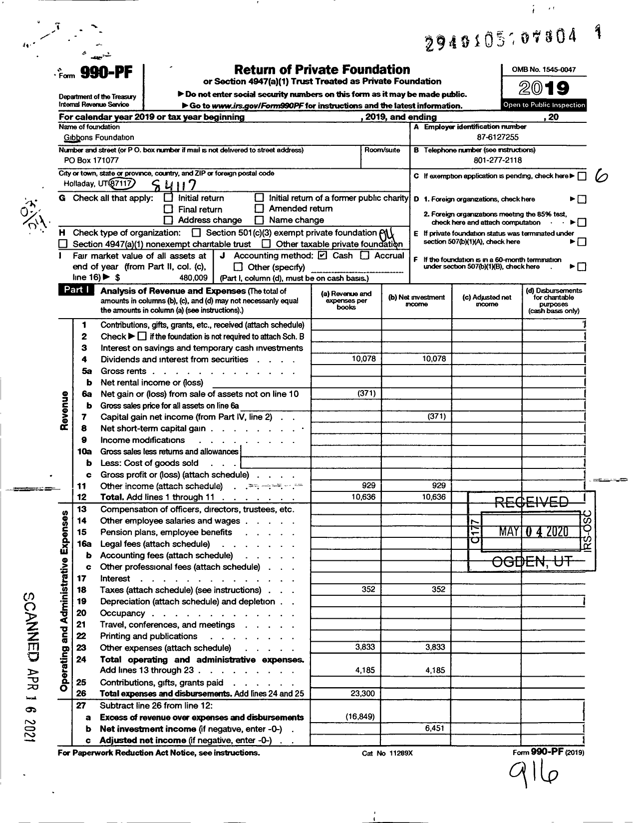 Image of first page of 2019 Form 990PF for Gibbons Foundation