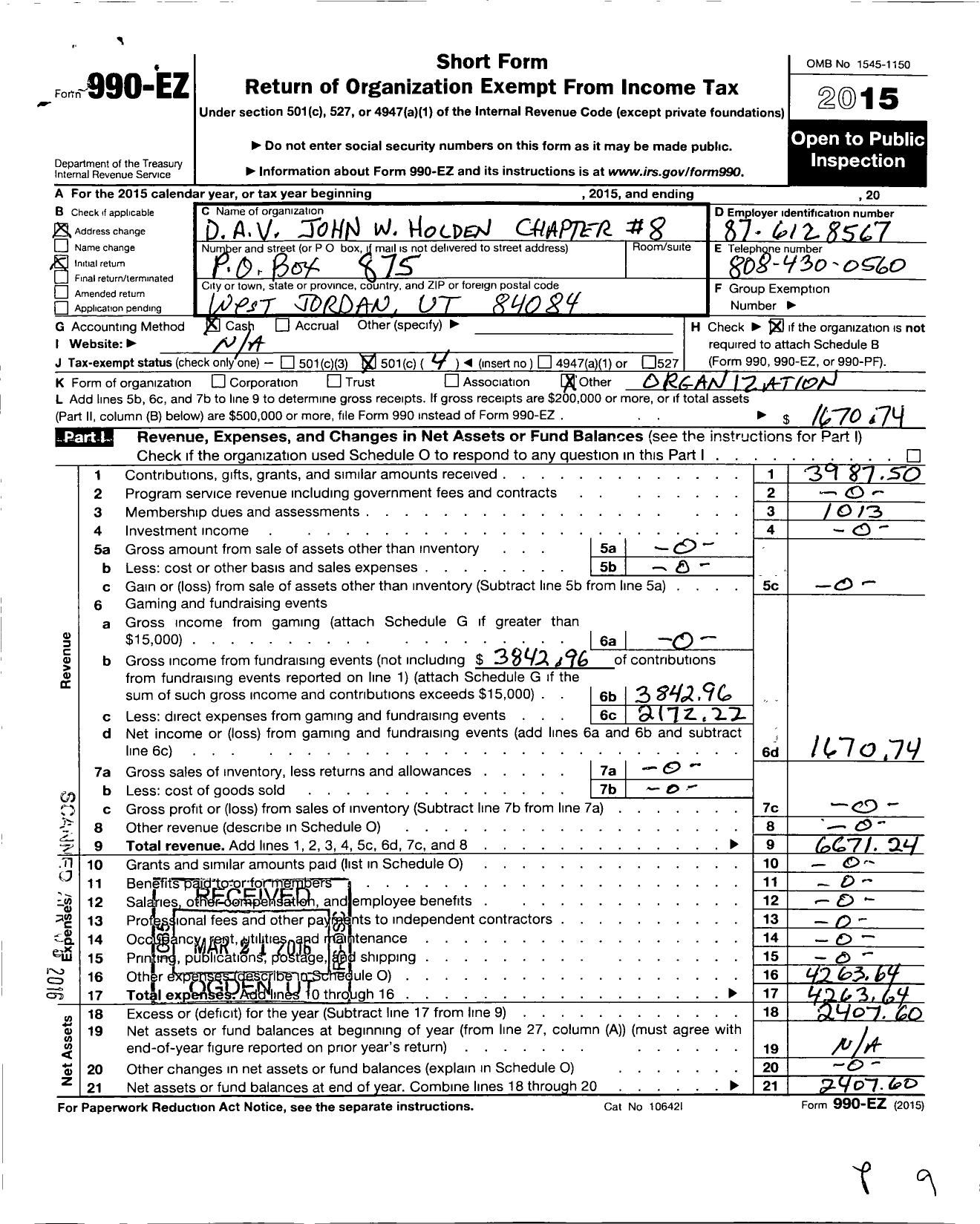 Image of first page of 2015 Form 990EO for Disabled American Veterans - 8 John W Holden