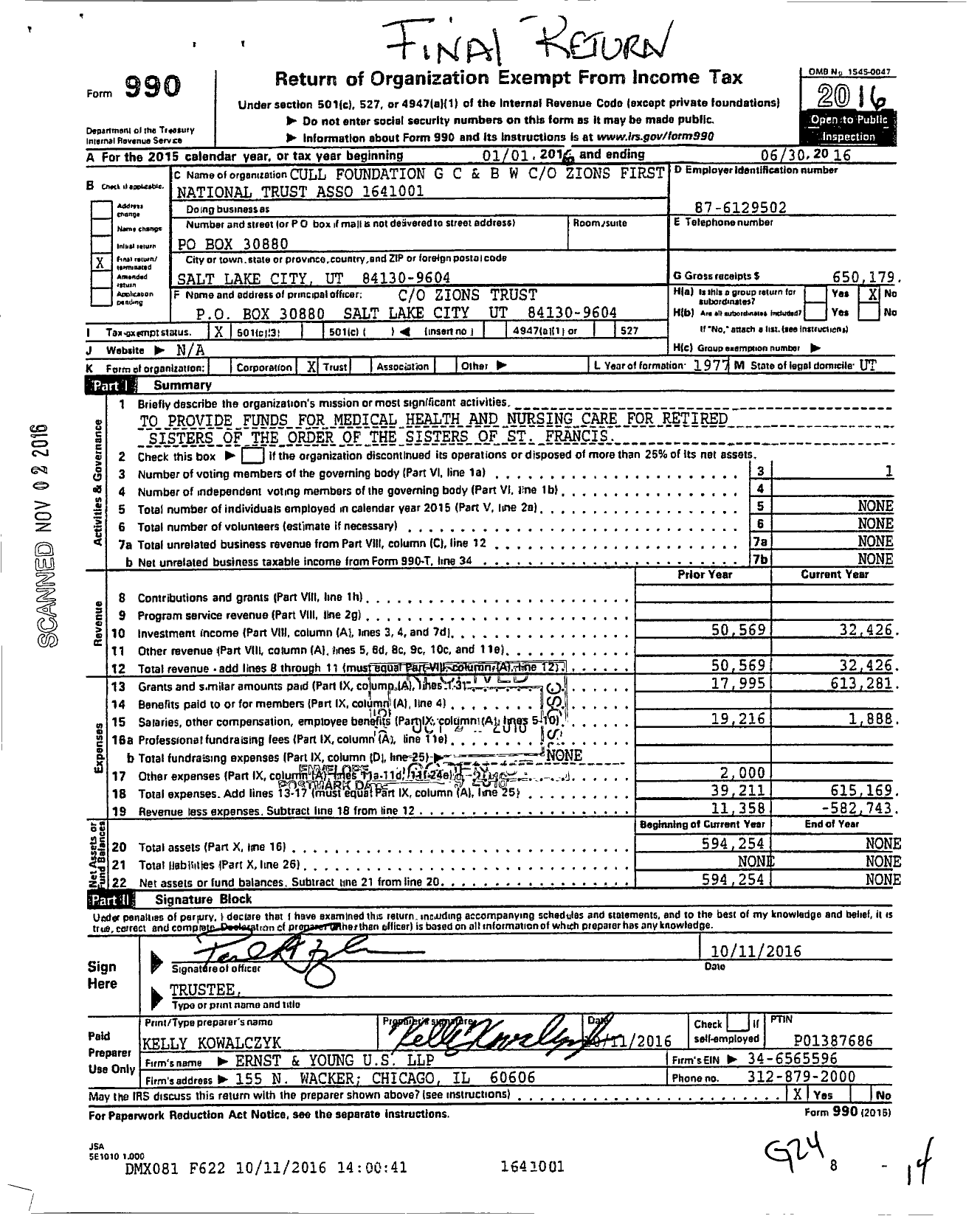 Image of first page of 2015 Form 990 for Cull Foundation GC and BW