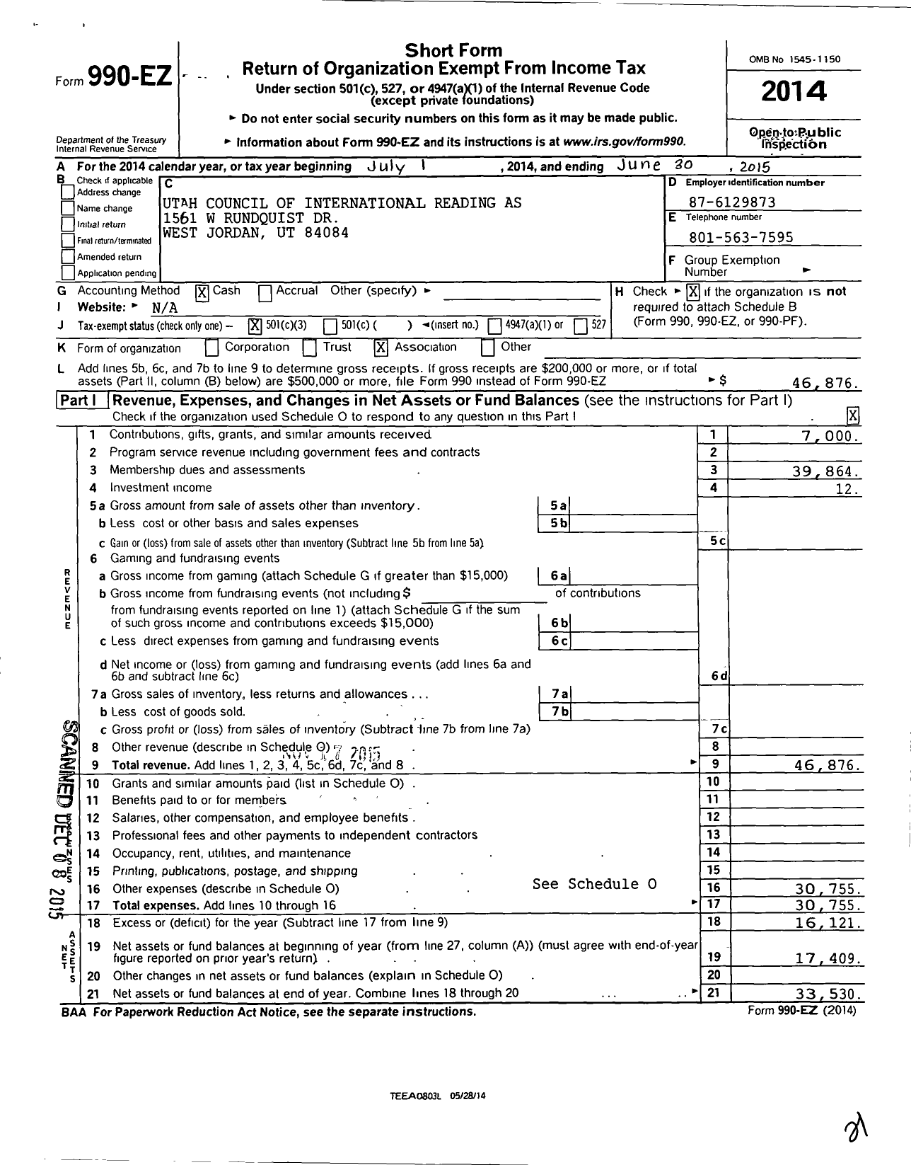 Image of first page of 2014 Form 990EZ for Utah Council of the International R