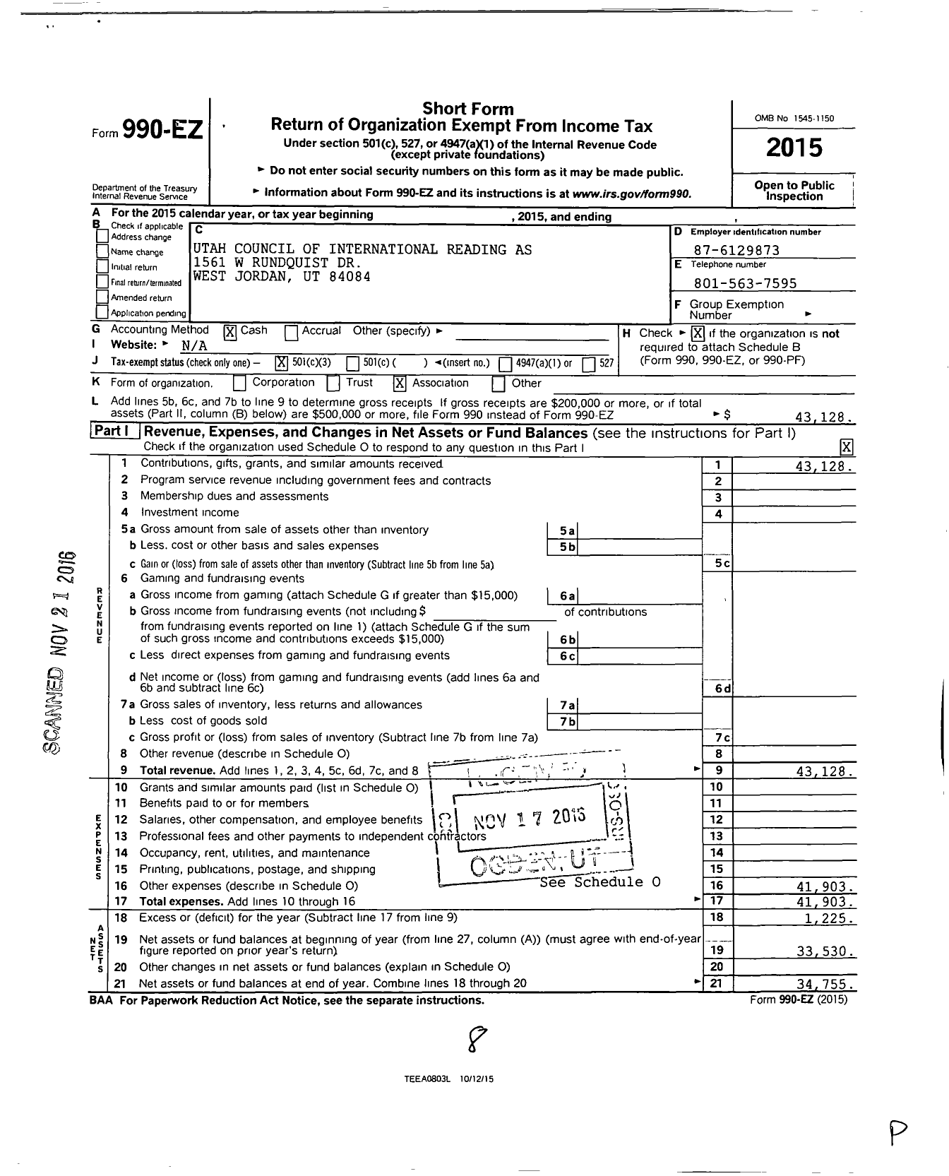 Image of first page of 2015 Form 990EZ for Utah Council of the International R