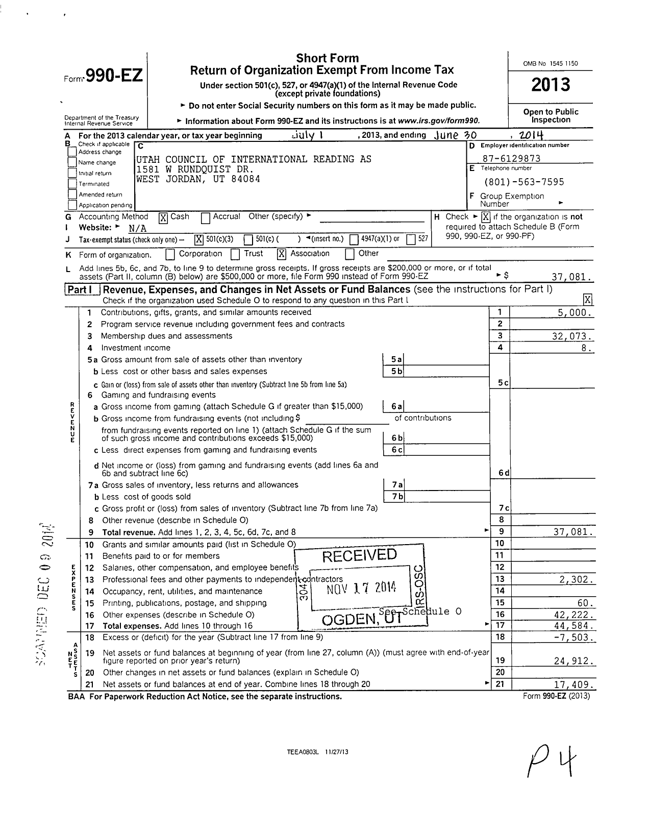 Image of first page of 2013 Form 990EZ for Utah Council of the International R